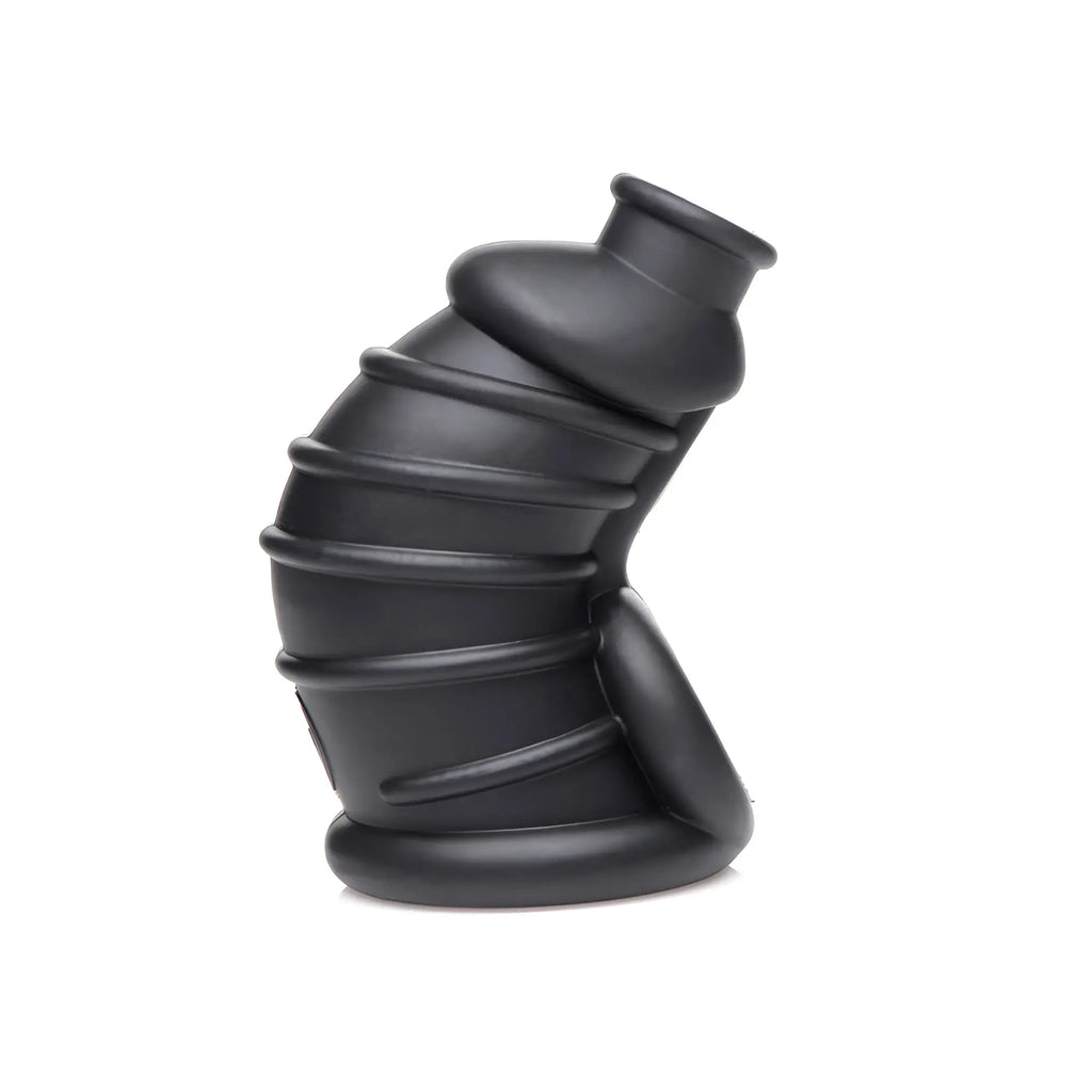 Master Series The Chamber: A black, curved, ribbed silicone chastity cage on a white background.