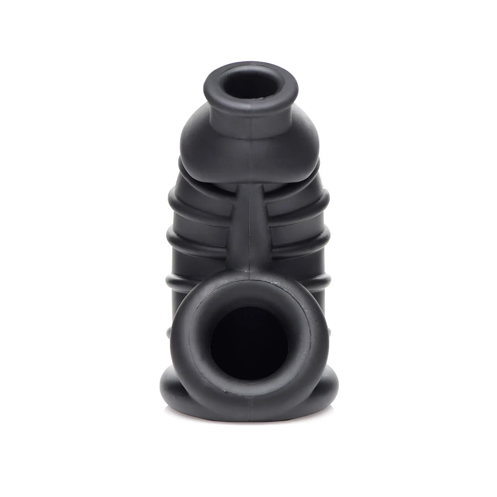 Master Series The Chamber: a black, ribbed silicone chastity cage with a front-facing circular opening.