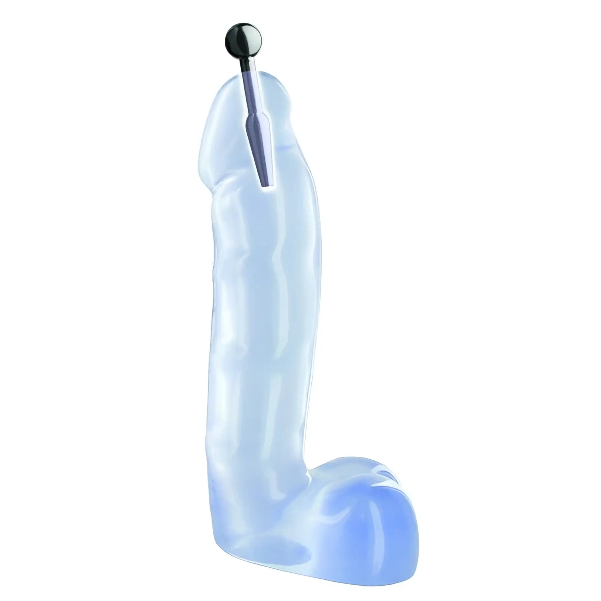 Master Series Chasm stainless steel urethral insert with a ball end, shown inserted into a blue translucent penis model.
