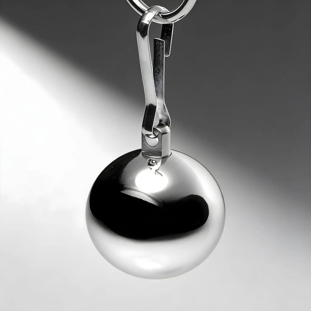 Master Series 8oz chrome ball weight hanging from a metal clip against a gradient gray background.