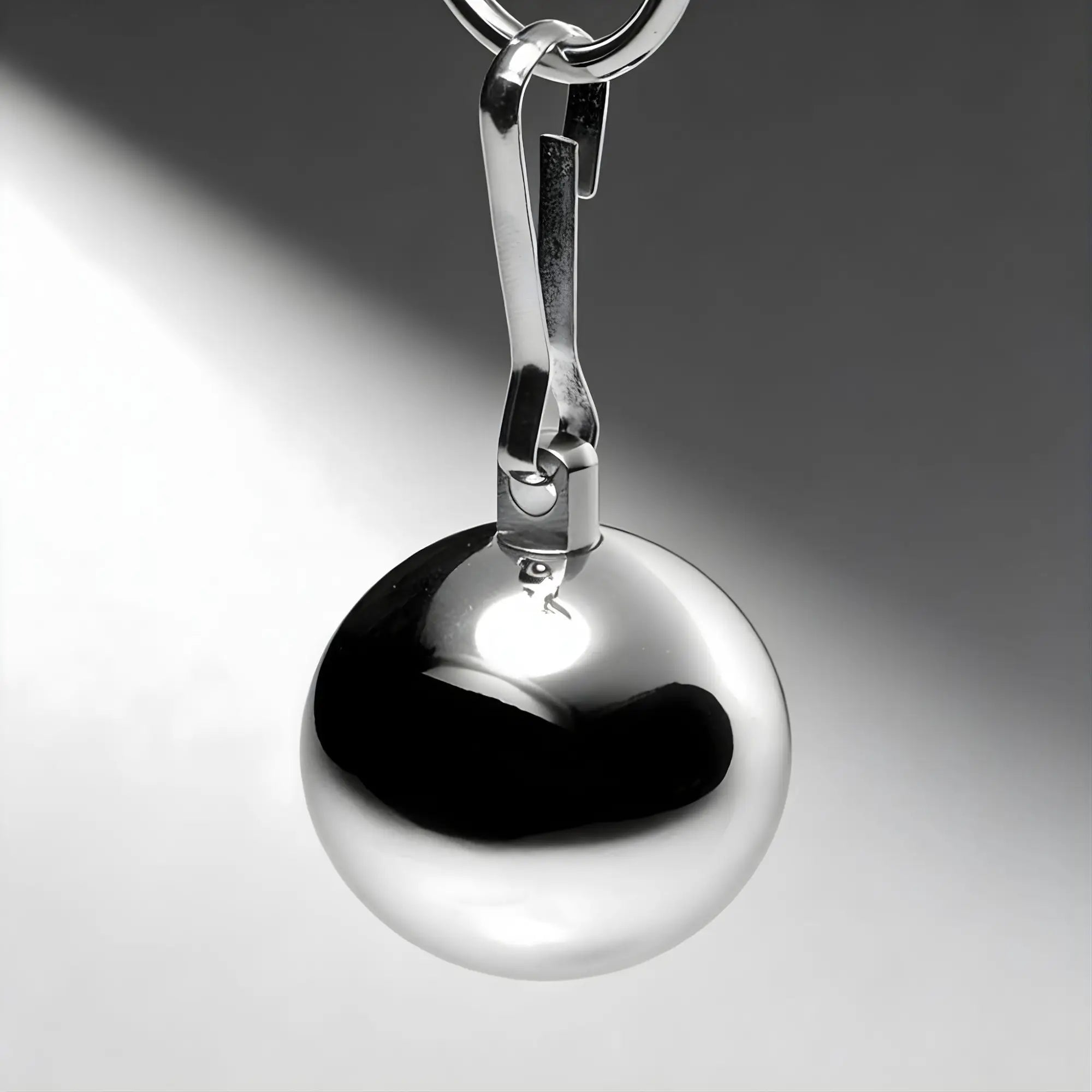 Master Series 8oz chrome ball weight hanging from a metal clip against a gradient gray background.