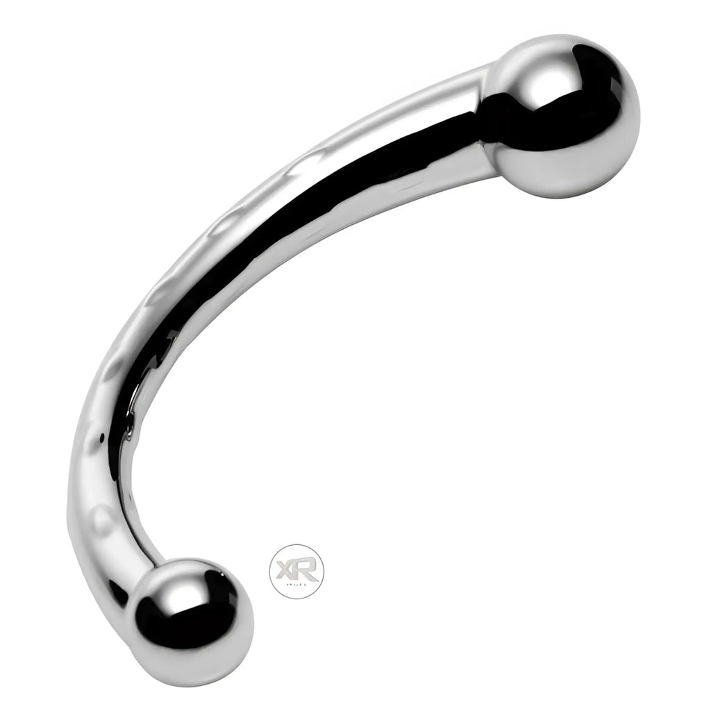 Master Series The Chrome Crescent: A polished, silver-colored, curved dildo with spherical ends on a white background.