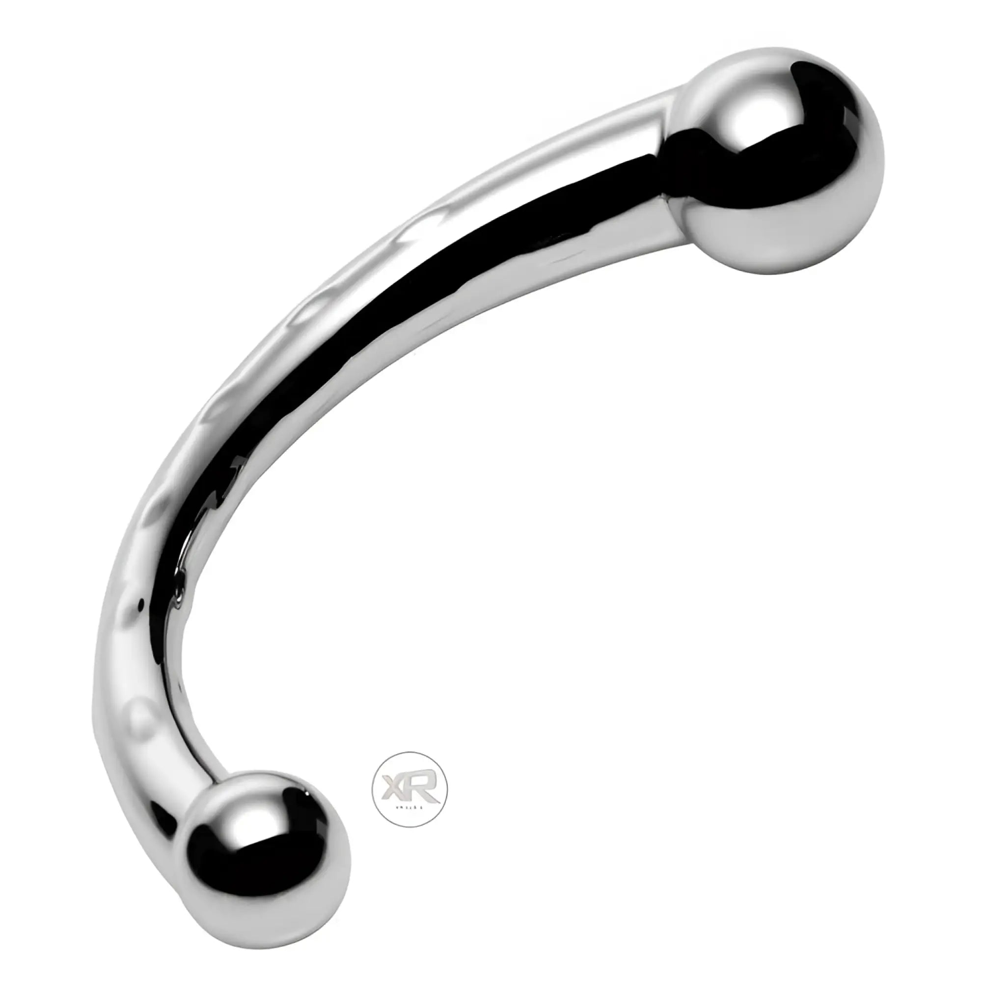 Master Series The Chrome Crescent: A polished, silver-colored, curved dildo with spherical ends on a white background.