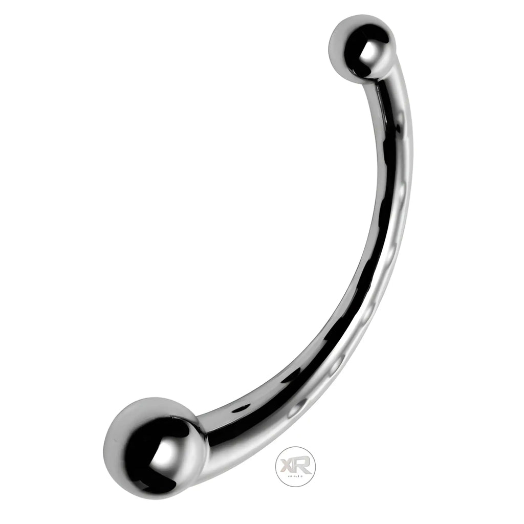 Master Series The Chrome Crescent dildo: A shiny, curved, metallic silver toy with rounded ends and dimpled detailing.