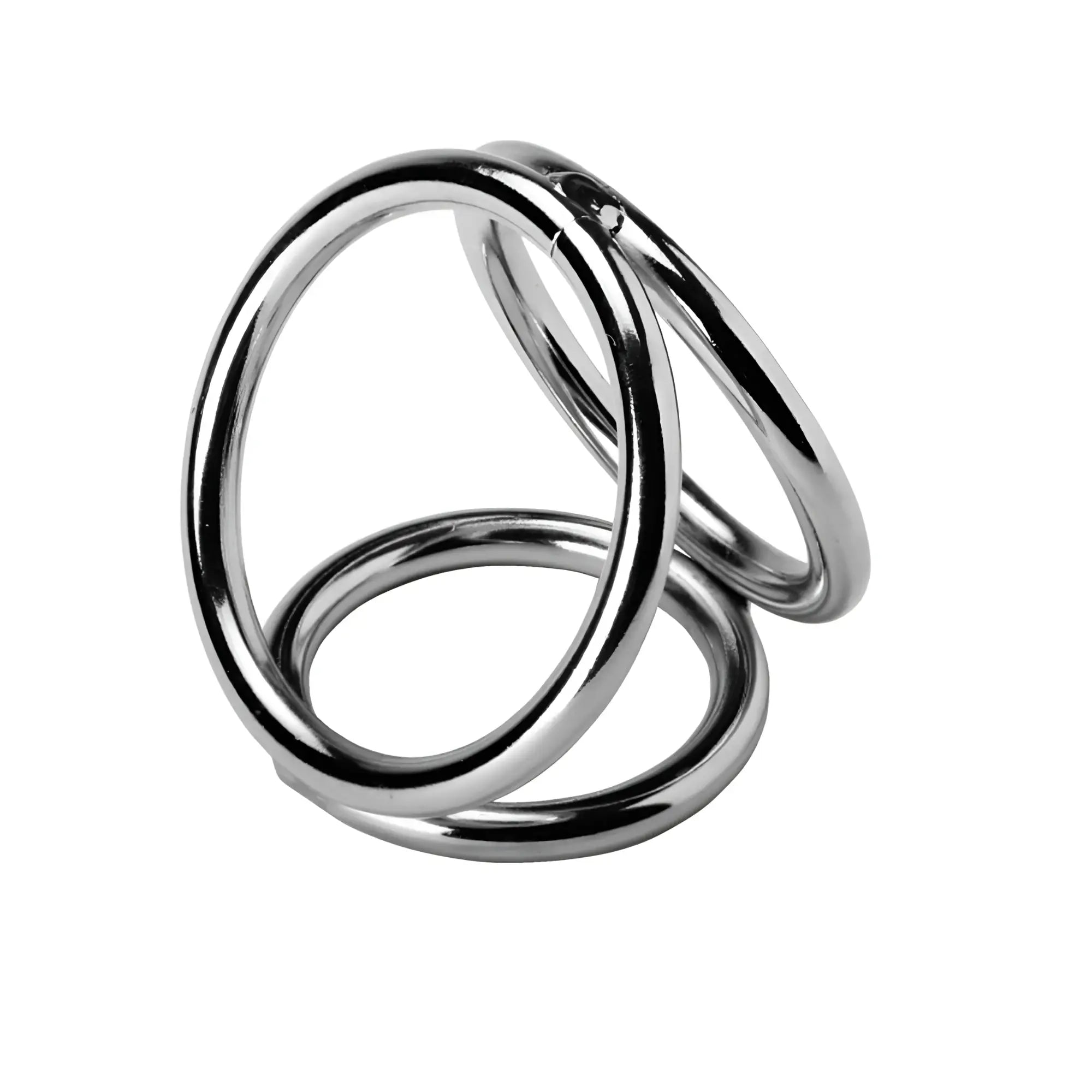 Master Series Chrome Triple Cock and Ball Ring: Three polished, interlocking silver metal rings on a white background.