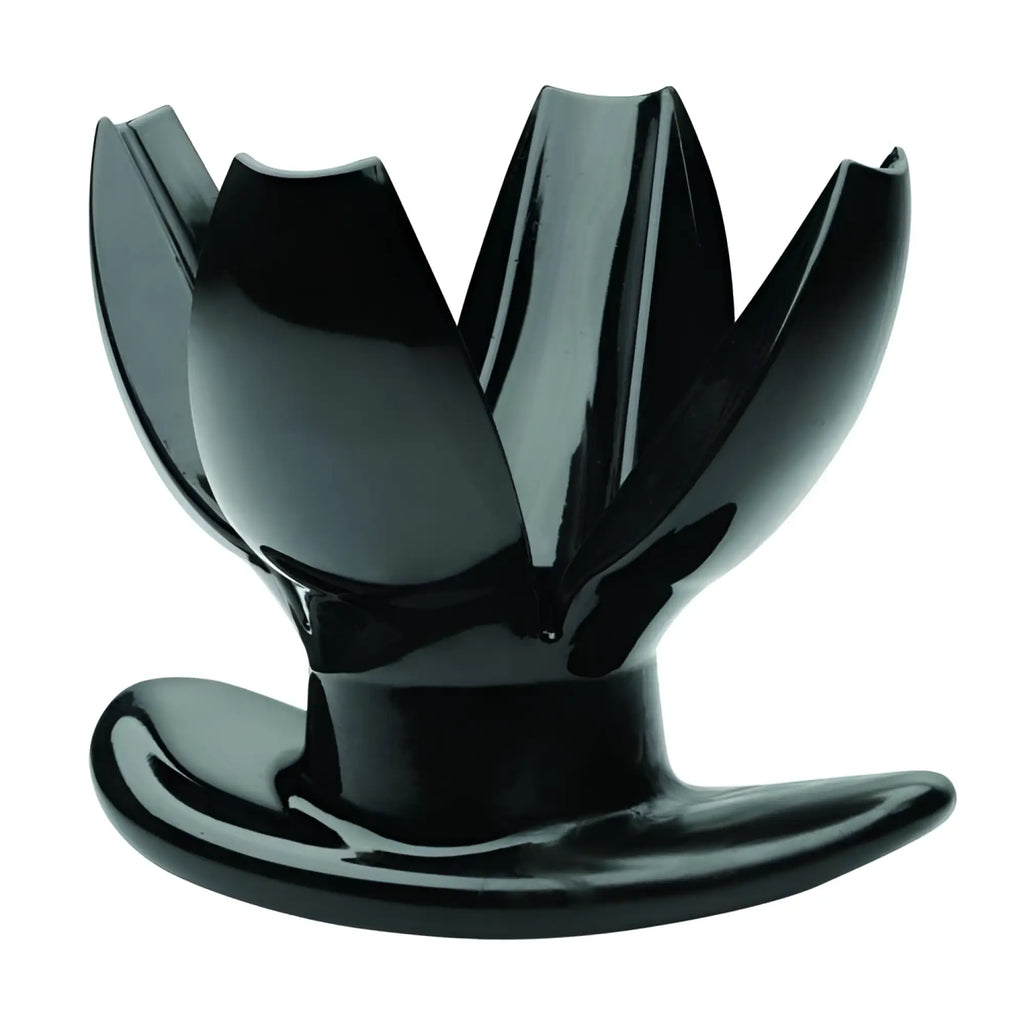 Master Series Claw Expanding Anal Dilator: A glossy black, petal-shaped medical device with a flared base.