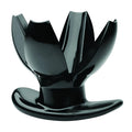 Master Series Claw Expanding Anal Dilator: A glossy black, petal-shaped medical device with a flared base.