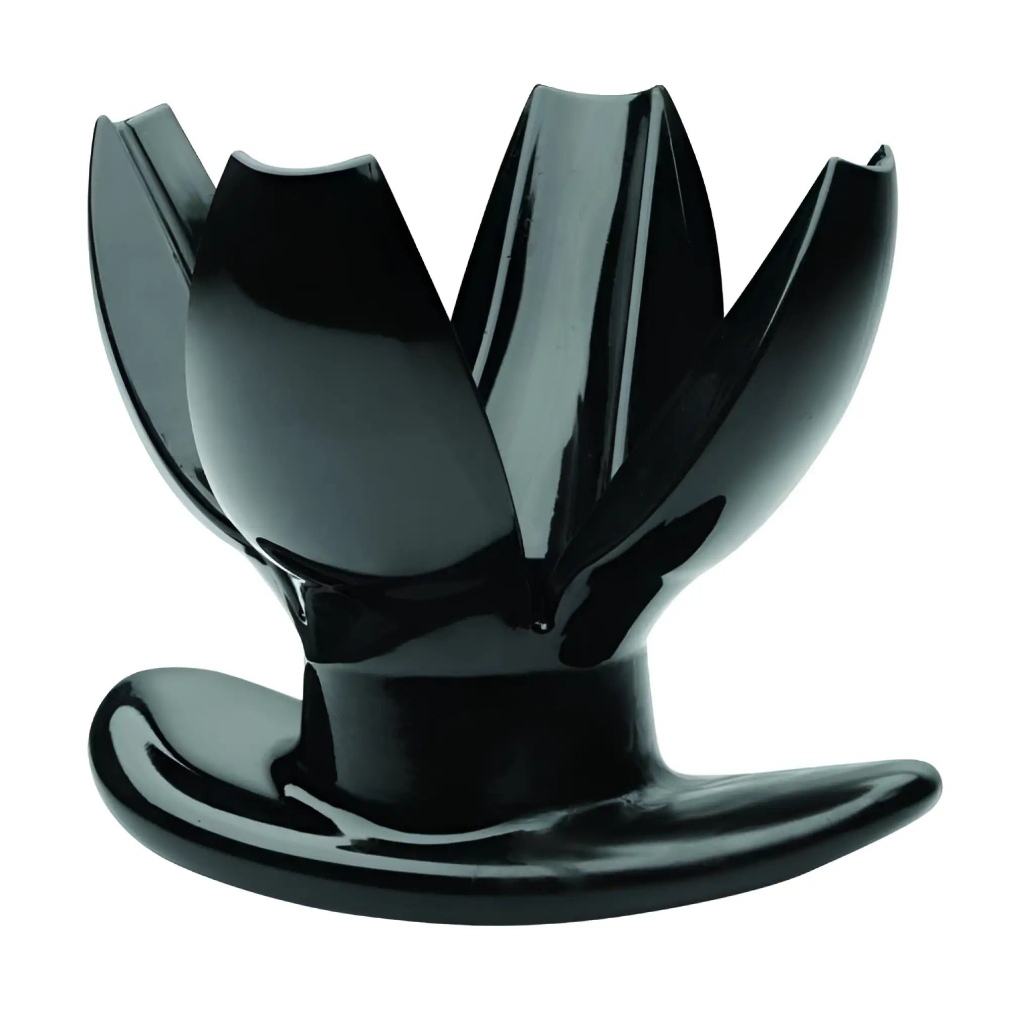 Master Series Claw Expanding Anal Dilator: A glossy black, petal-shaped medical device with a flared base.