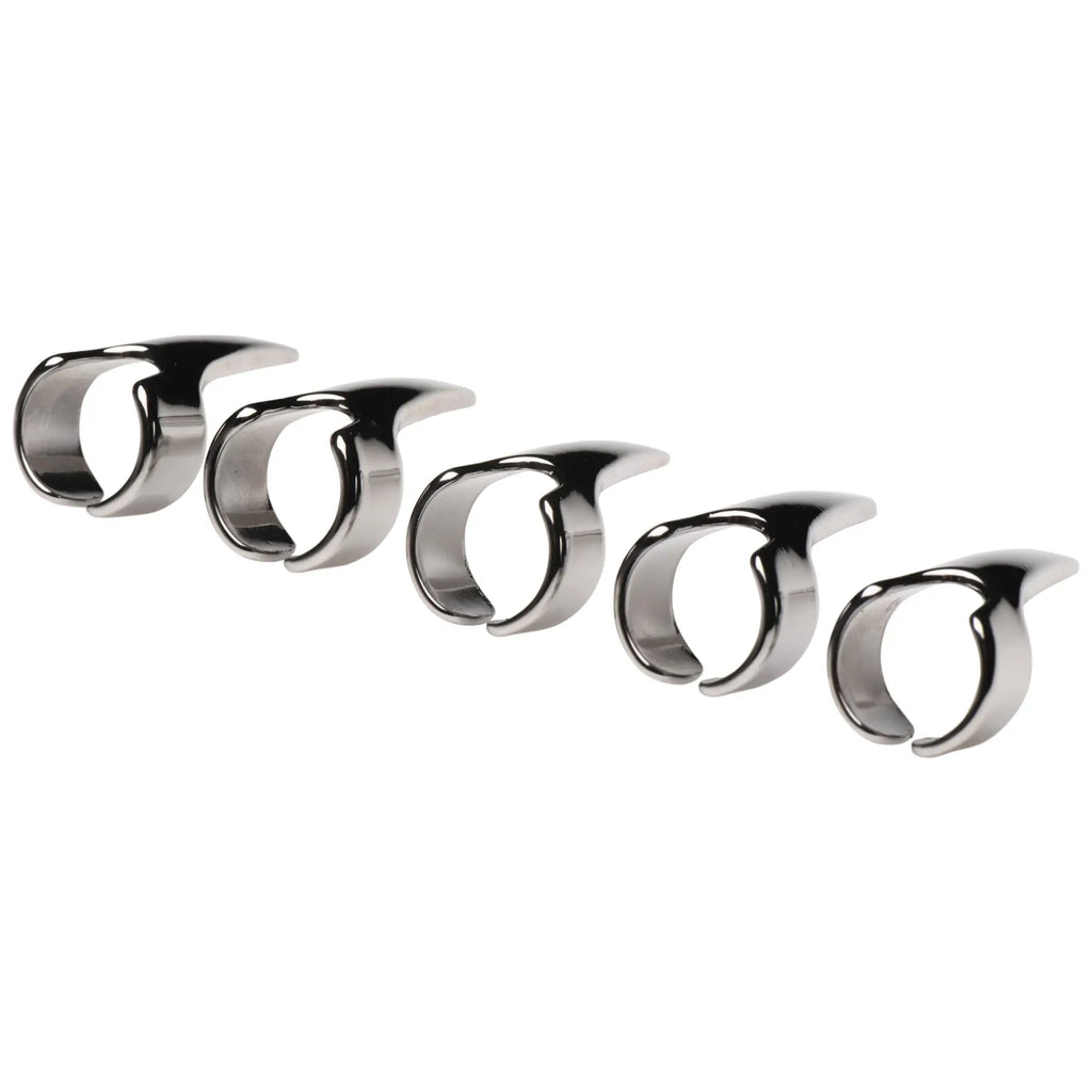 Five silver-tone Master Series Clawed Sensation Play Rings arranged in a row against a plain white background.