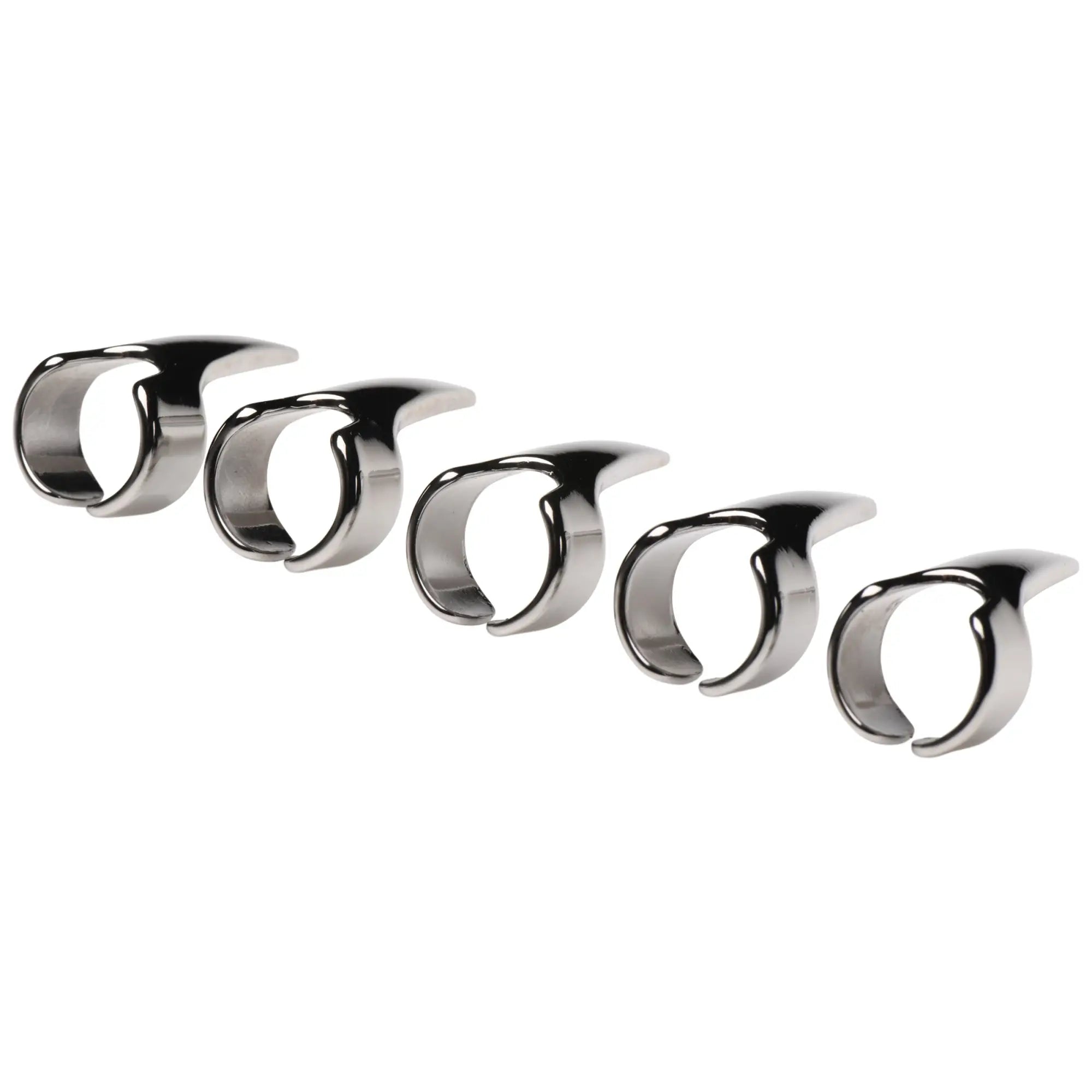 Five silver-tone Master Series Clawed Sensation Play Rings arranged in a row against a plain white background.