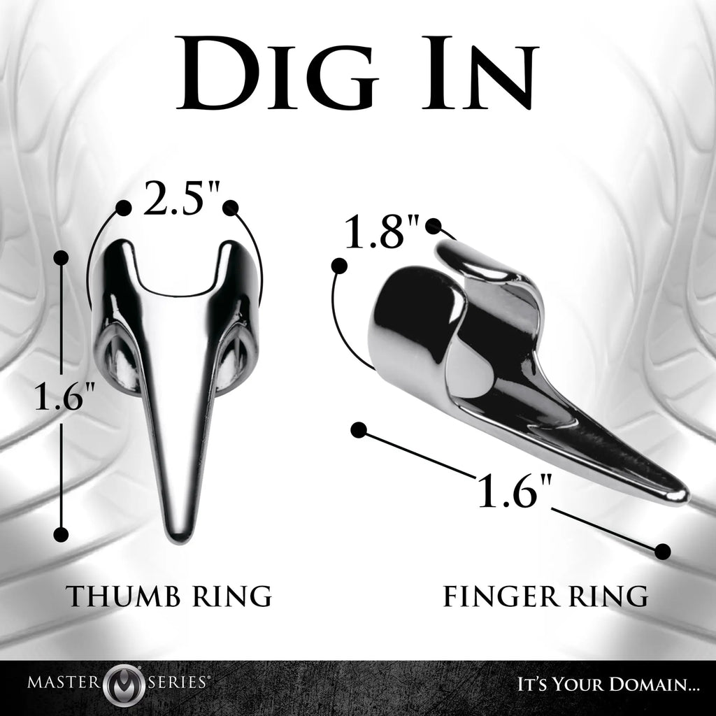 Master Series Clawed 5pc Sensation Play Rings shown with dimensional labels for thumb and finger ring styles.