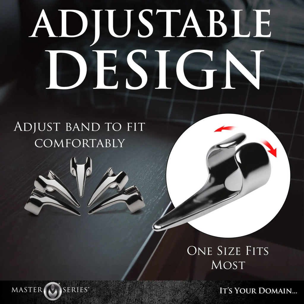 Master Series 5pc silver-tone clawed rings with adjustable bands for custom fit on a dark background.