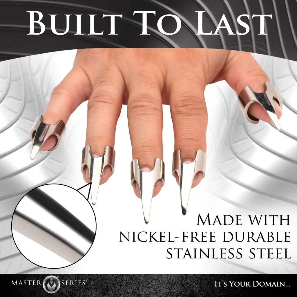 Master Series Clawed 5pc Sensation Play Rings: Five silver, stainless steel claw-style finger rings on a human hand.