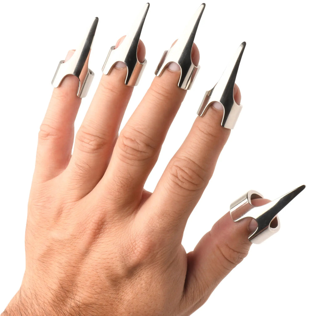Master Series Clawed 5pc Sensation Play Rings: Five silver, claw-style metal rings worn on each finger and thumb.