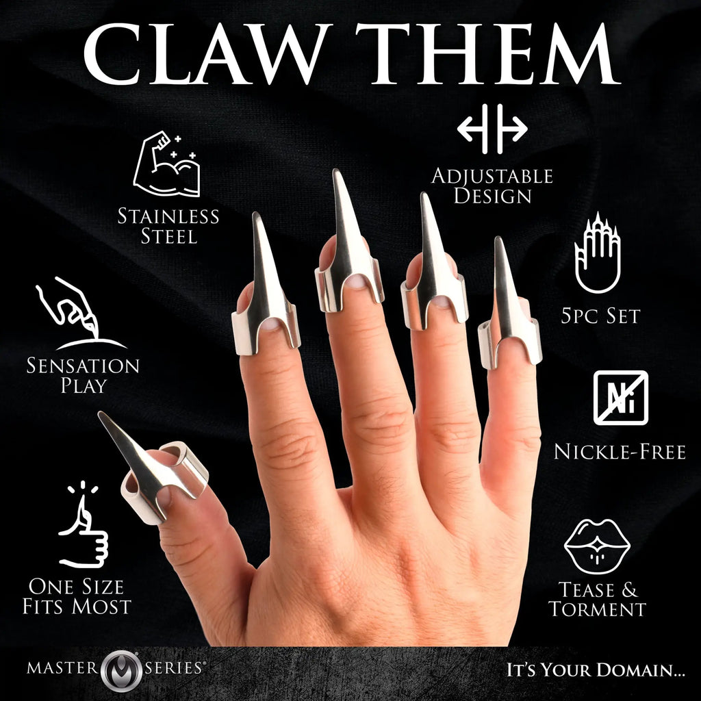 Master Series Clawed 5pc Sensation Play Rings: Silver stainless steel claw rings worn on fingers against a black background.