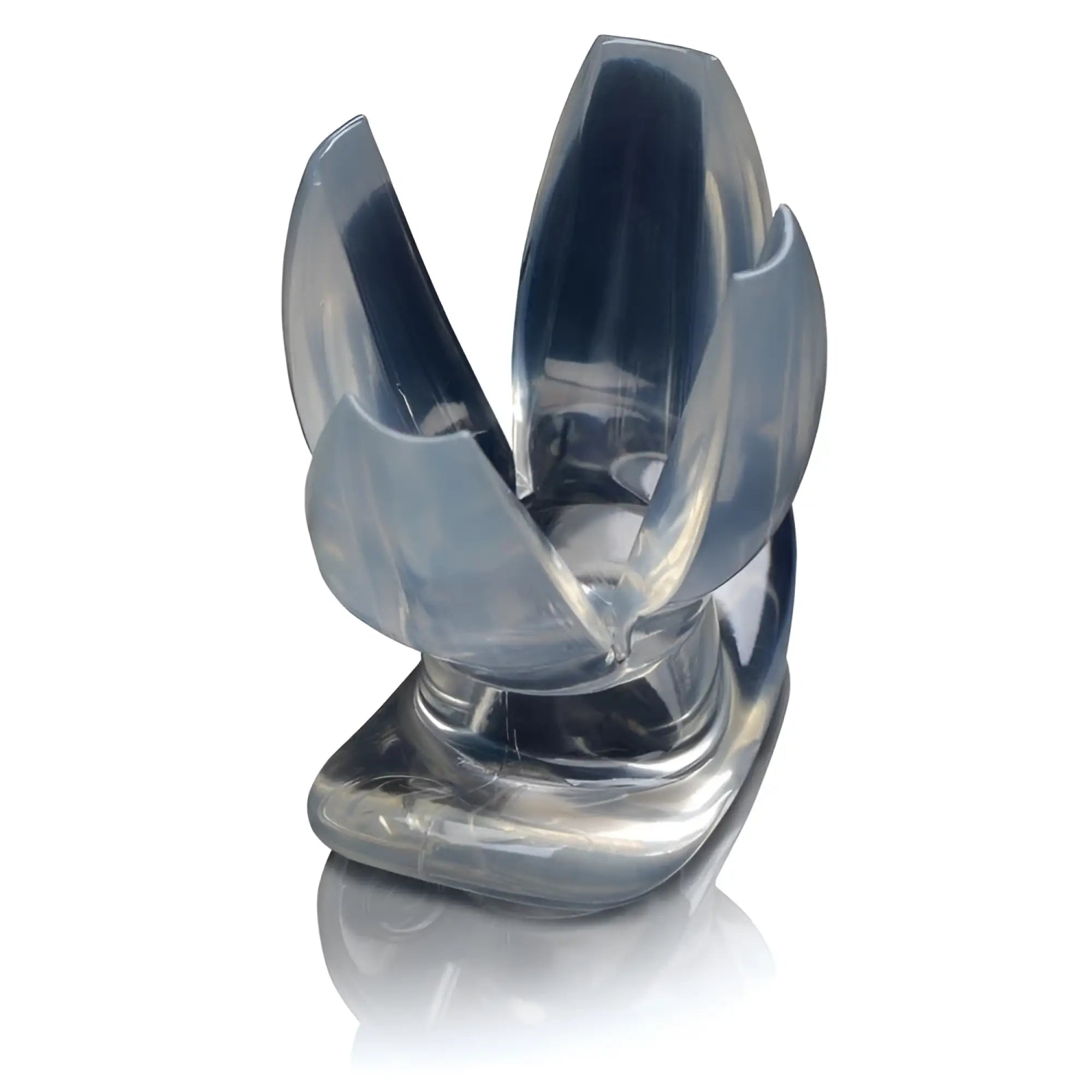 Master Series Clawed Expanding Clear Dilator: A translucent, flower-shaped adjustable device with four petal-like arms.