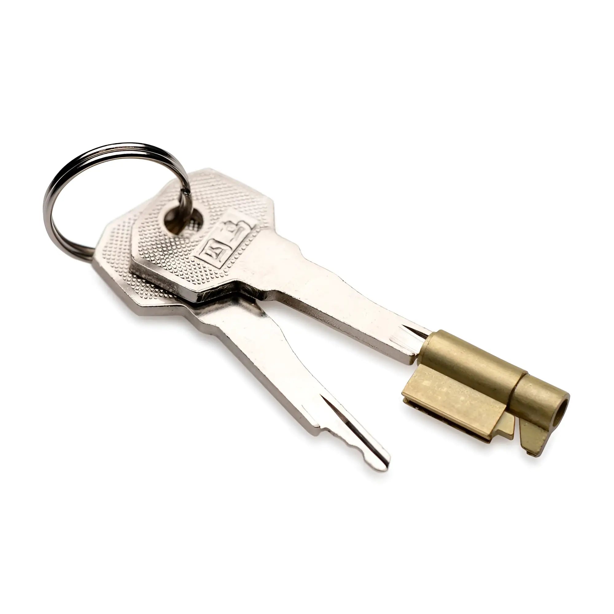 Two silver-colored keys for the Master Series Clear Captor Chastity Cage on a metal ring against a white background.