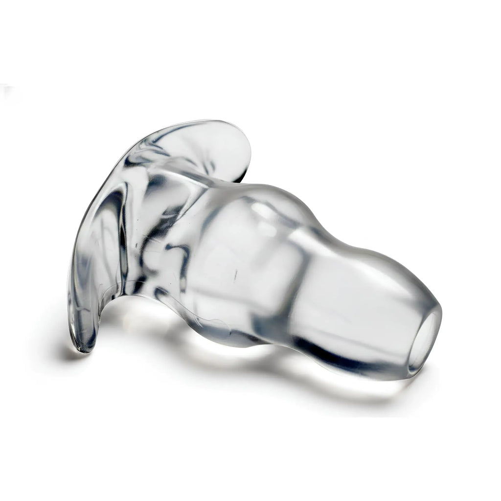 Master Series Clear View hollow anal plug made of transparent silicone, featuring a flared base and tapered body.
