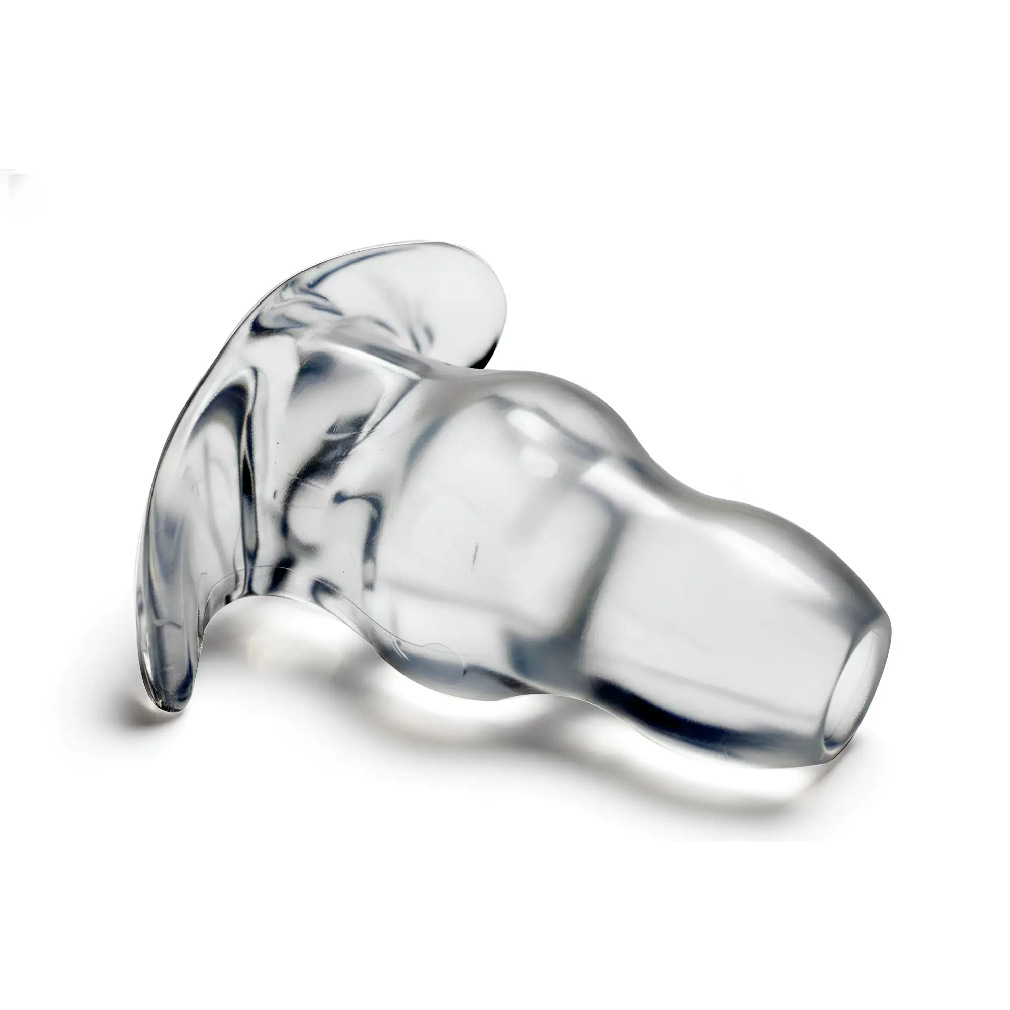 Master Series Clear View hollow anal plug made of transparent silicone, featuring a flared base and tapered body.