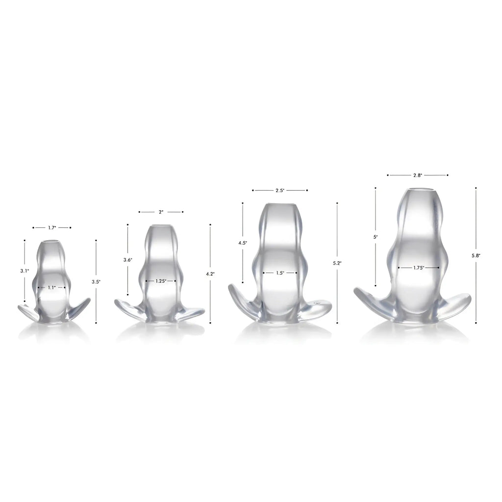 Four clear, hollow Master Series anal plugs in varying sizes, displayed side-by-side with white measurement labels.