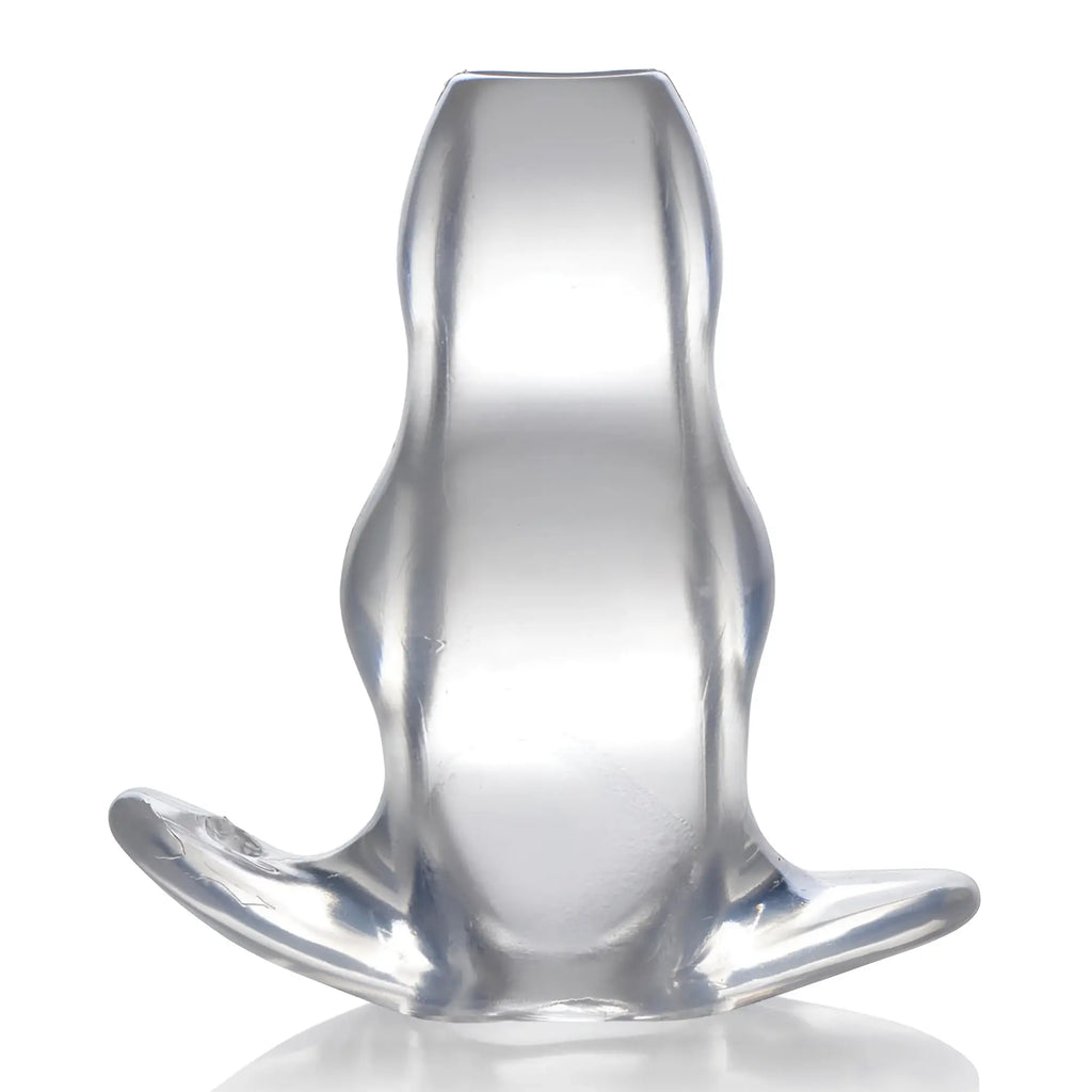 Master Series Clear View hollow anal plug made of transparent material with a wide, contoured base.