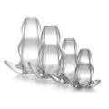Four clear, hollow Master Series anal plugs of varying sizes, arranged in a row from tallest to shortest.