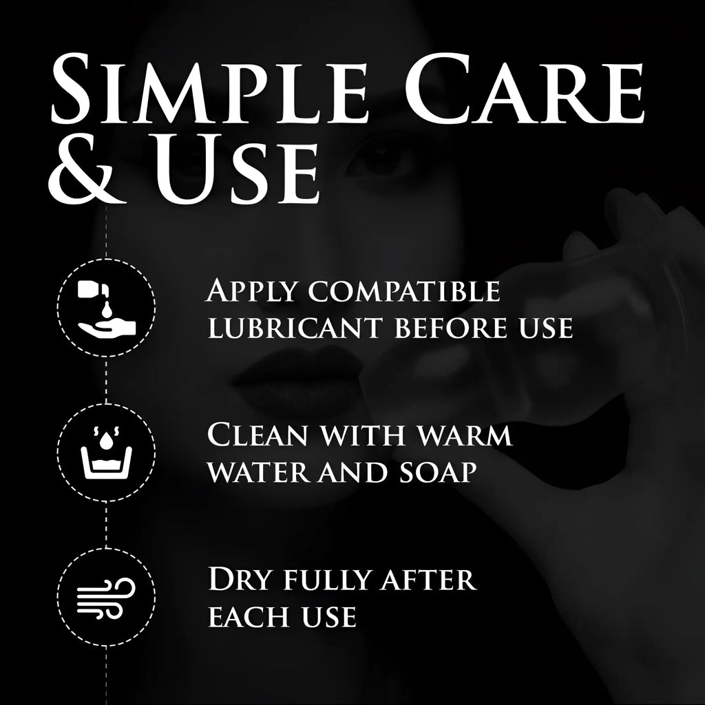 Master Series Clear View Hollow Anal Plug care instructions, featuring icons for lubrication, cleaning, and drying.