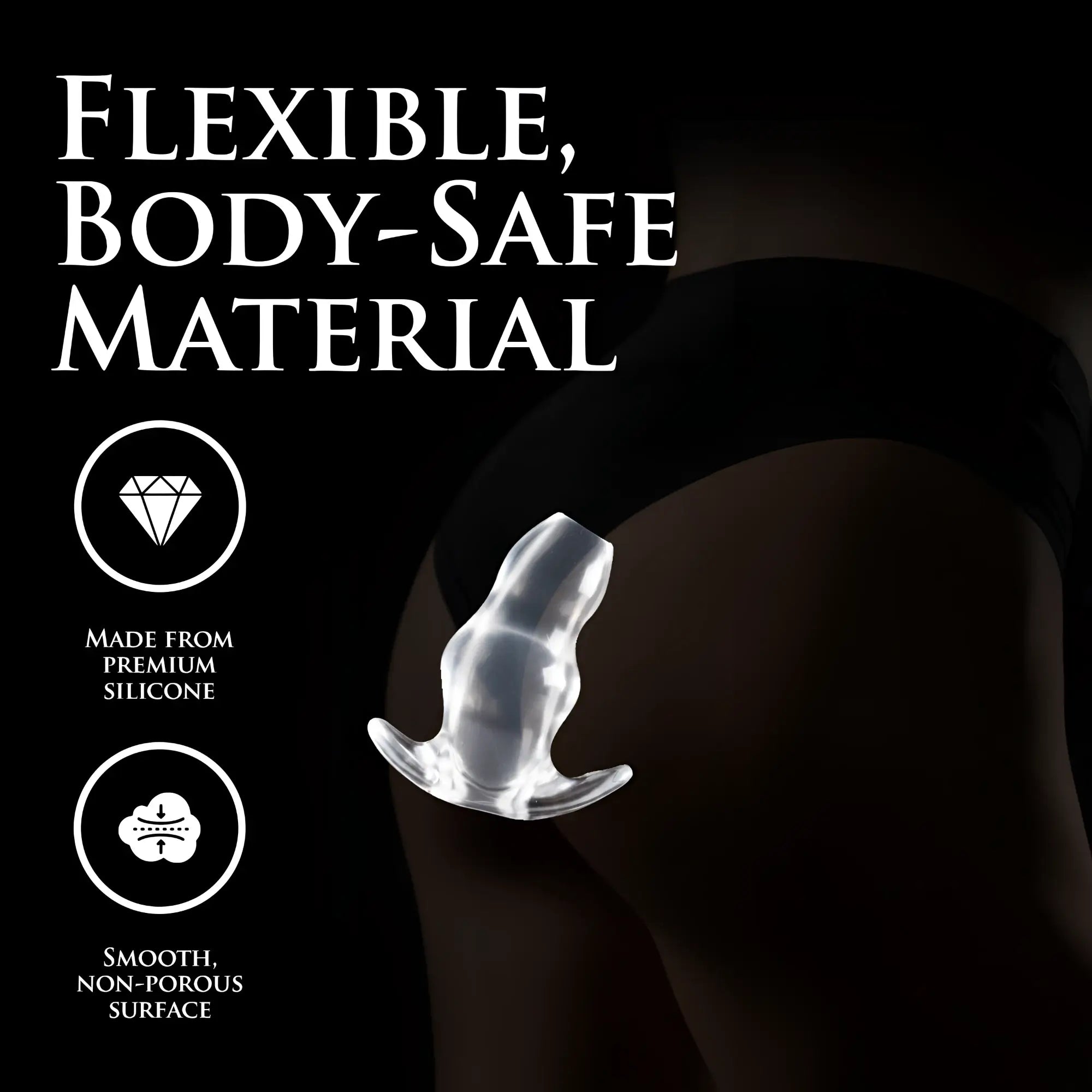 Master Series Clear View Hollow Anal Plug: A transparent, silicone, flared-base plug against a black background.