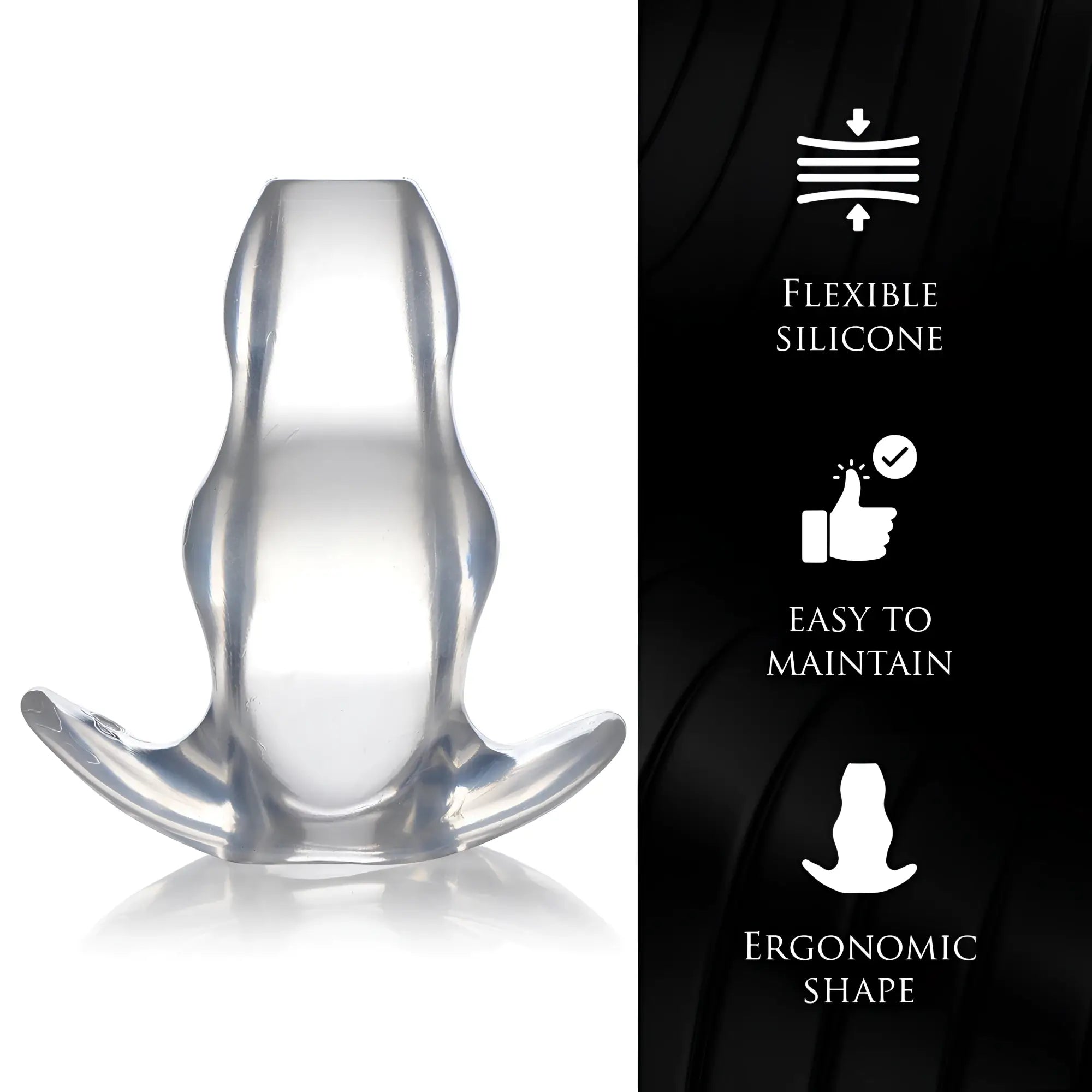 Master Series Clear View hollow anal plug made of transparent silicone, featuring an ergonomic shape and flared base.