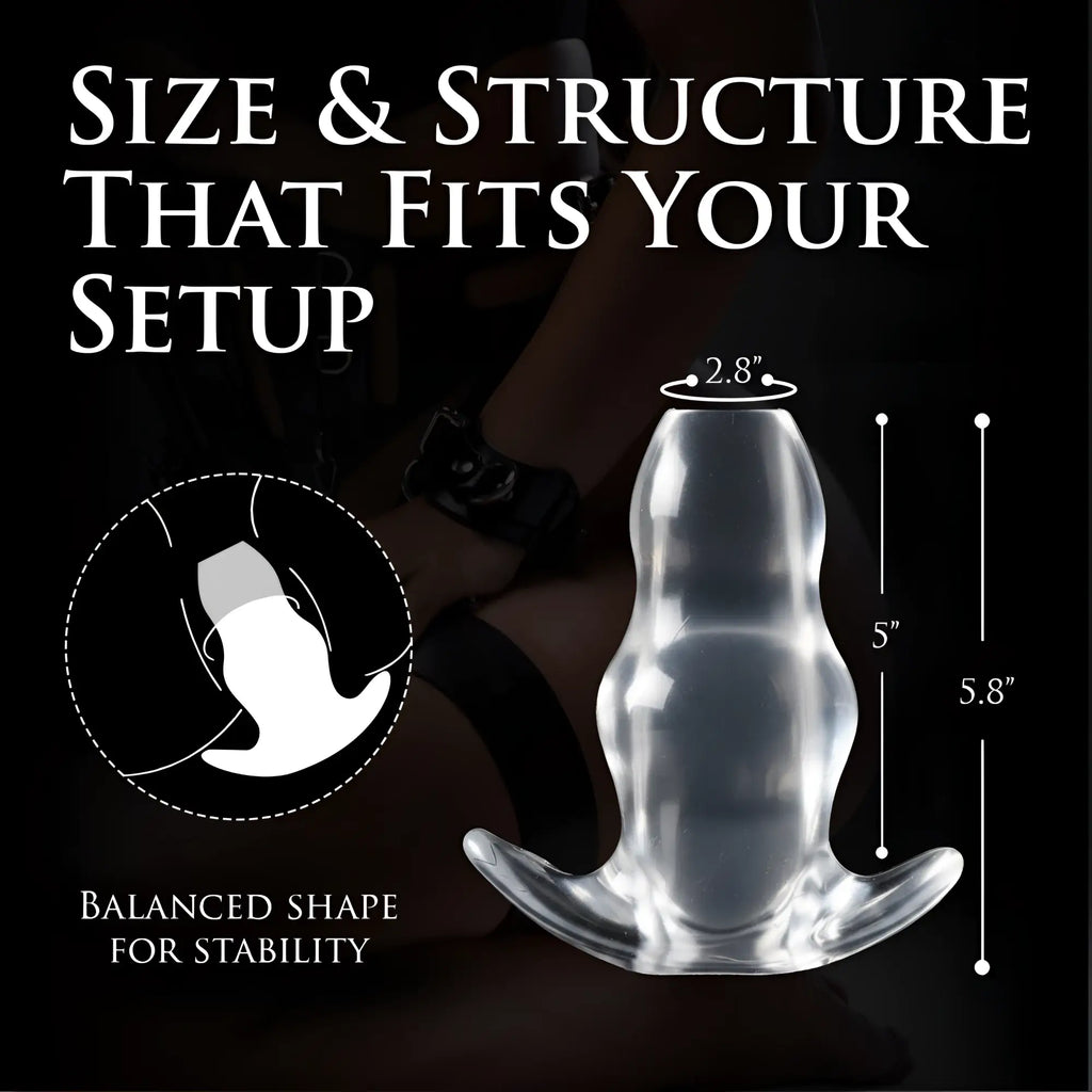 Master Series Clear View Hollow Anal Plug: A clear, flared-base plug showing dimensions and usage diagram.