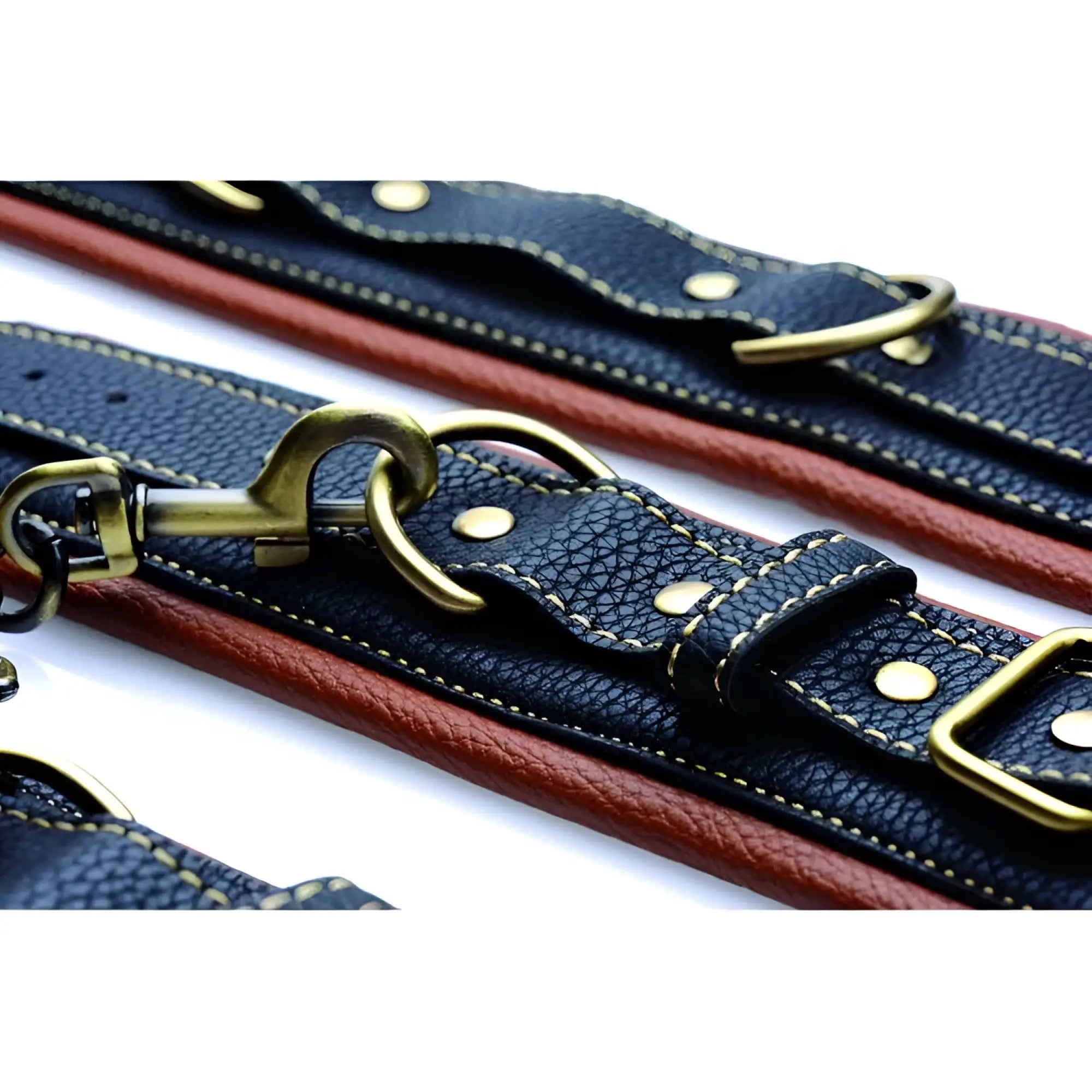Master Series Coax collar and wrist restraints in black and brown leather with antique brass hardware and stitched detail.