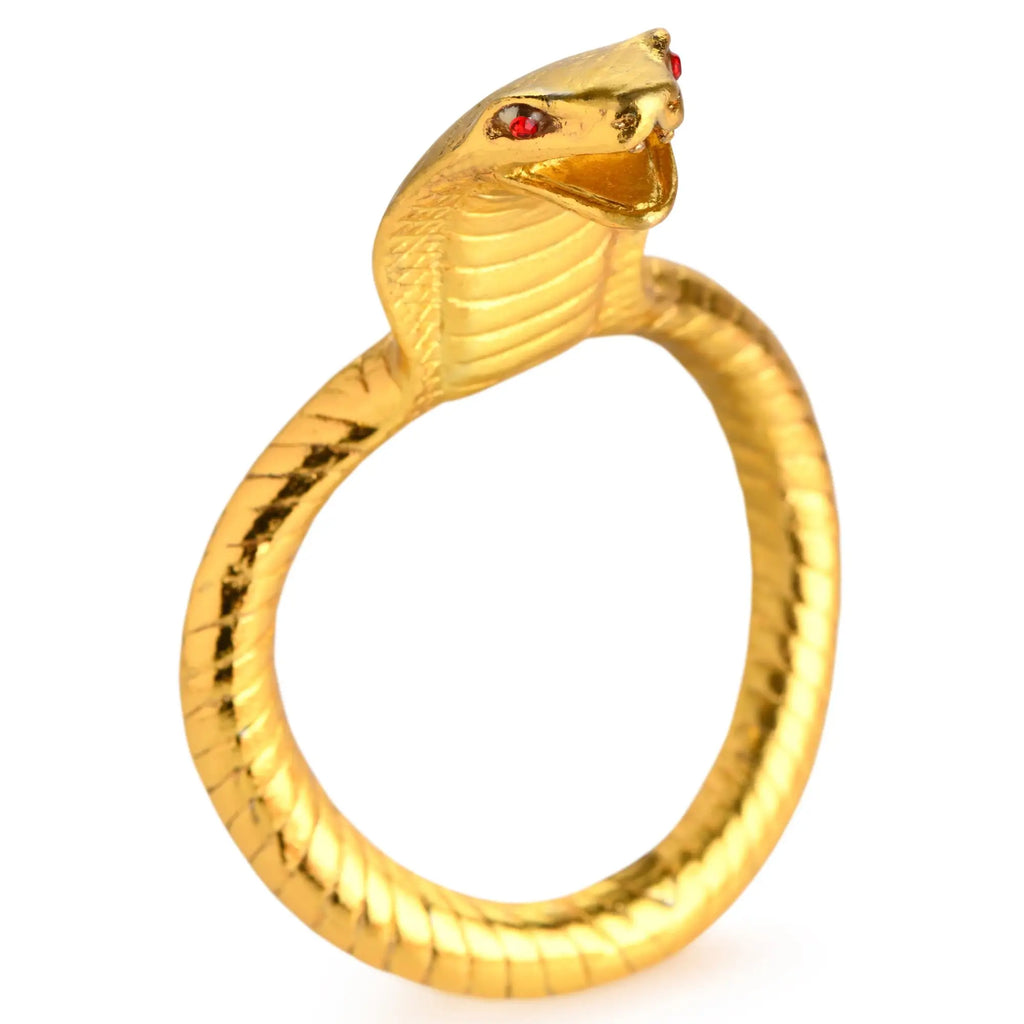 Golden cobra king cock ring with red gem eyes and detailed scales.