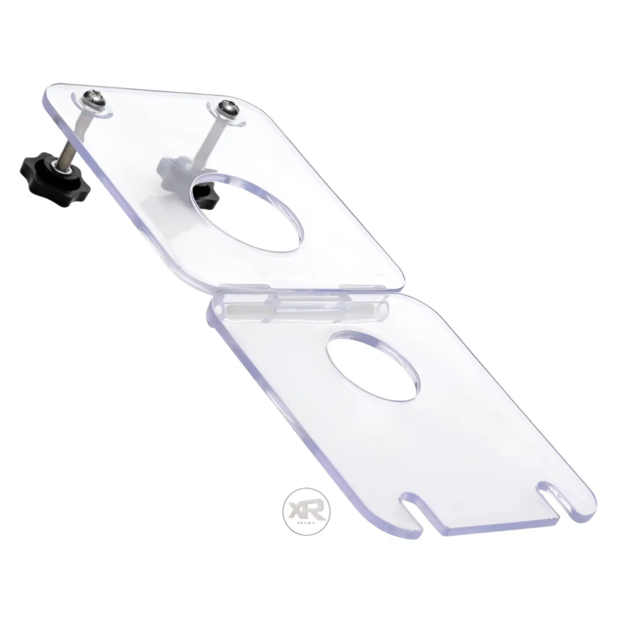 Clear, hinged Master Series Cock and Ball Crusher Board with adjustable metal screws and black adjustment knobs.