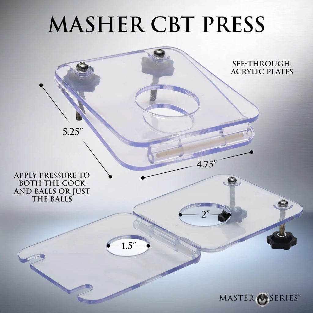 Master Series CBT Press: Hinged clear acrylic plates with screw-knob tension adjustment and varying circular cutouts.