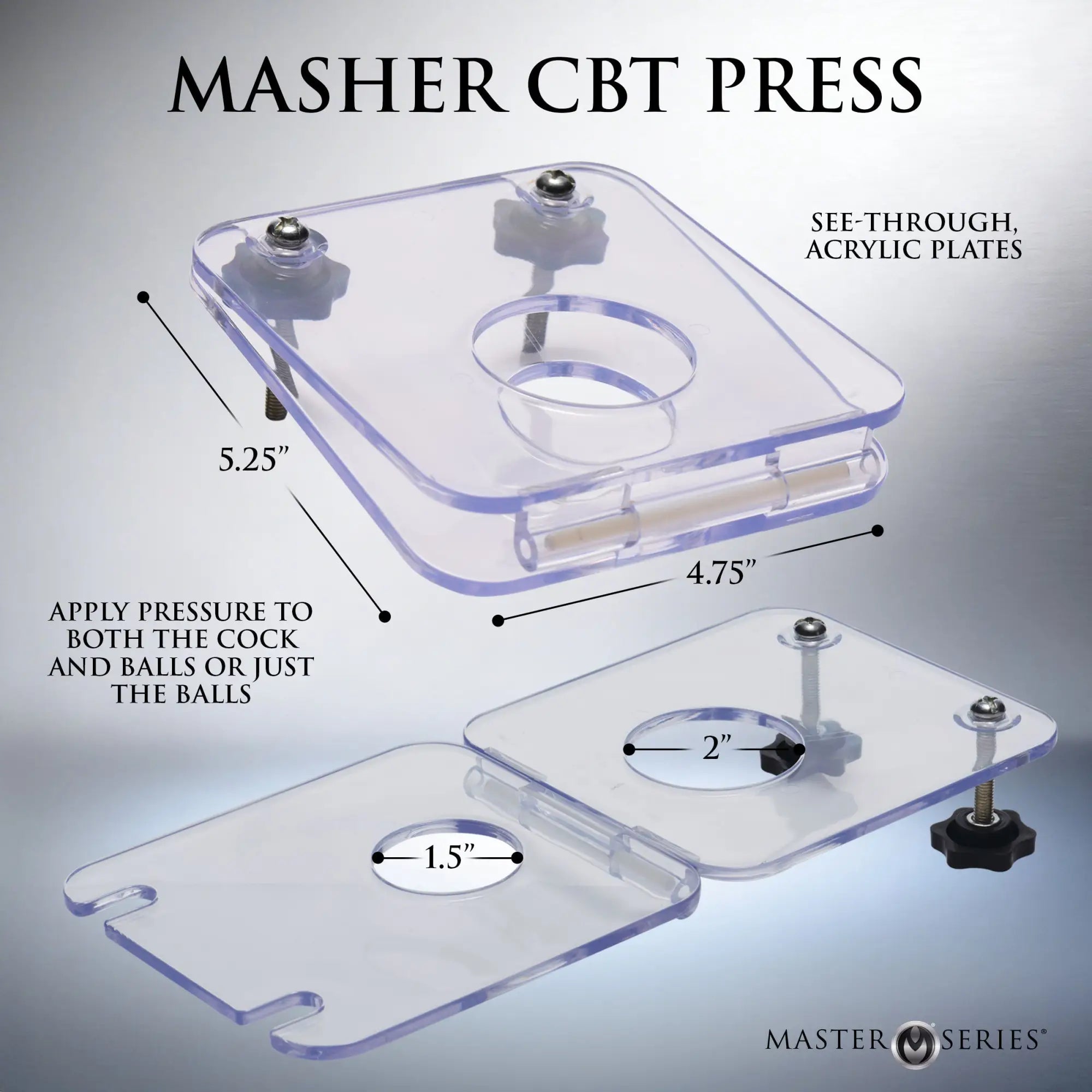 Master Series CBT Press: Hinged clear acrylic plates with screw-knob tension adjustment and varying circular cutouts.