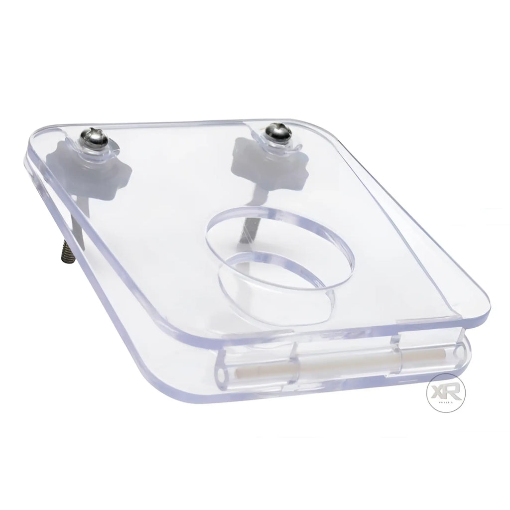 Master Series Cock and Ball Crusher Board: clear, hinged acrylic board with two metal tightening knobs and a center hole.