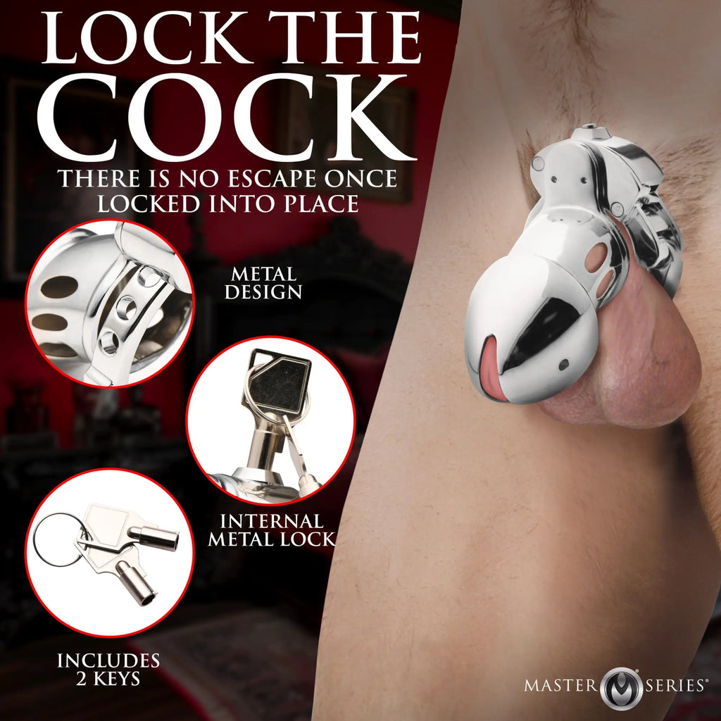 Master Series Cock Cuff: A silver, metal snap-on chastity cage shown in use, with inset details of keys and locking.