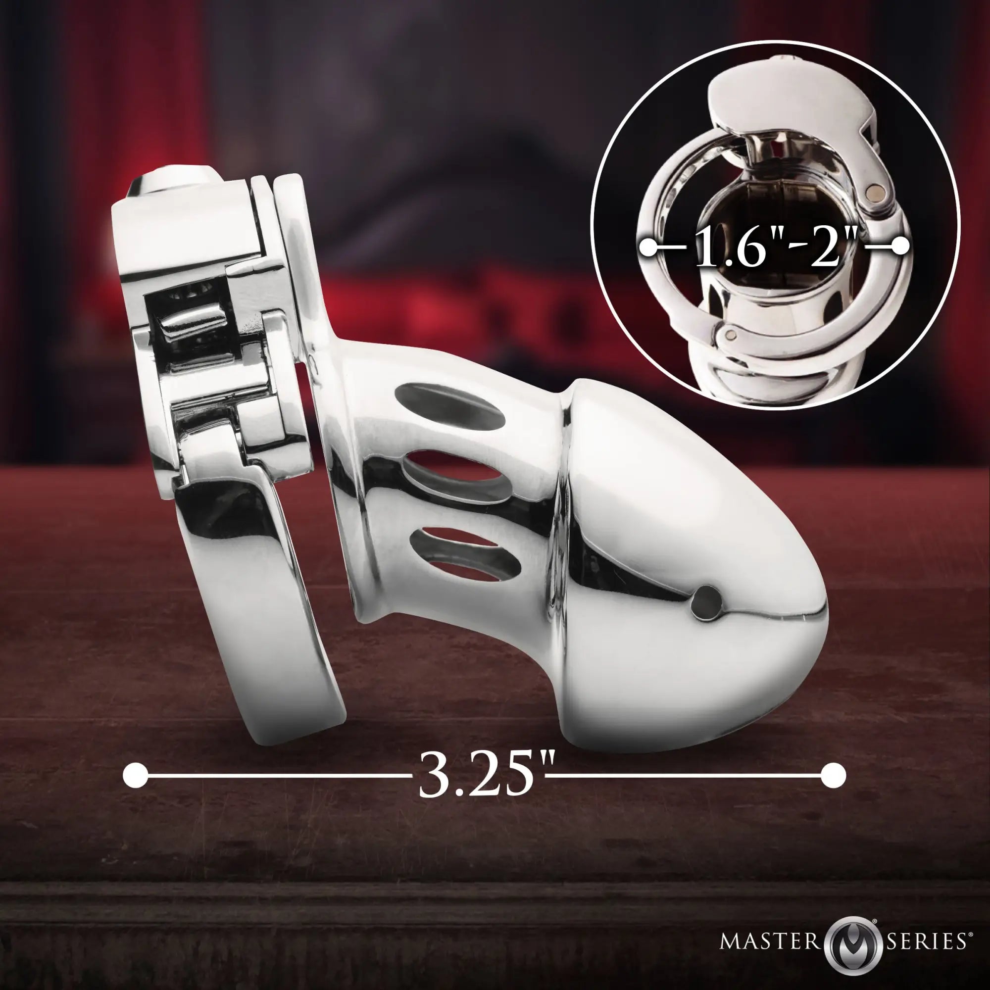 Silver Master Series Cock Cuff snap-on chastity cage with an inset view showing the 1.6-2" diameter and 3.25" length.