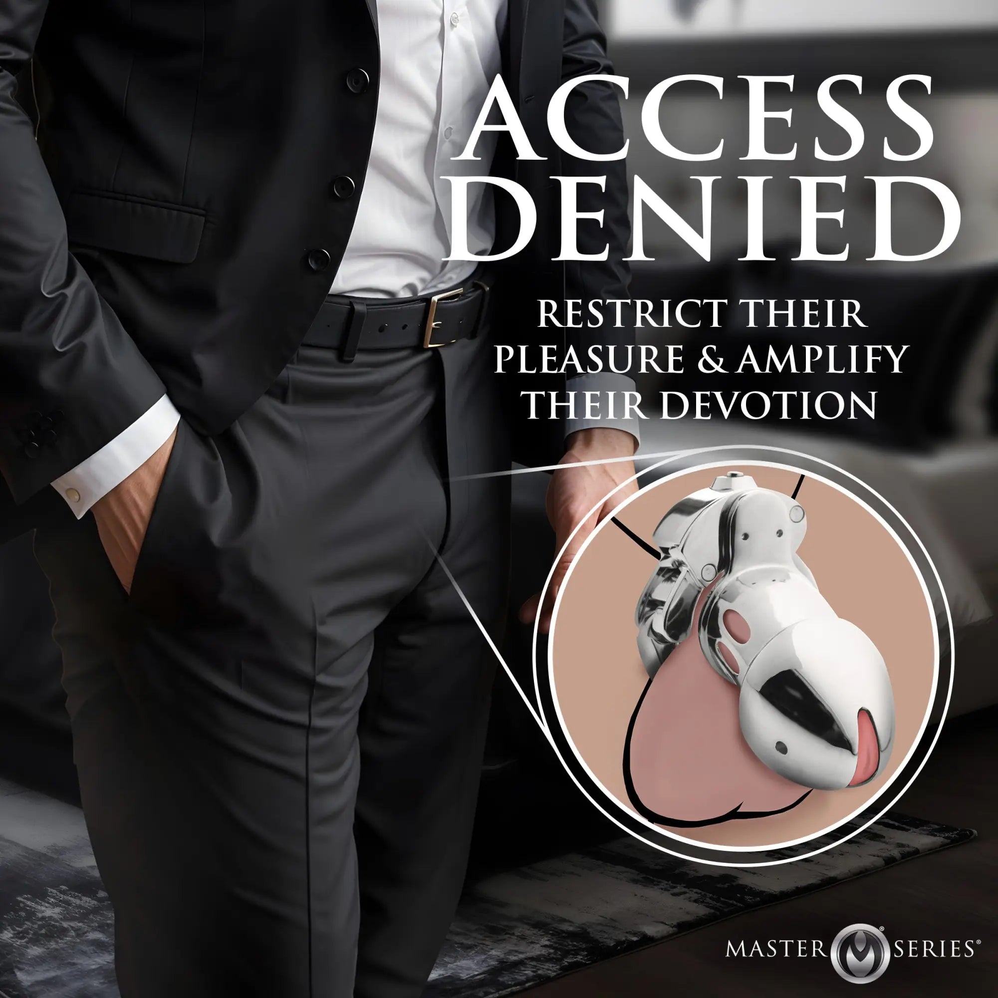 Master Series Cock Cuff Snap-On Chastity Cage: A silver-toned metal cage shown in a circular inset over a man in a suit.