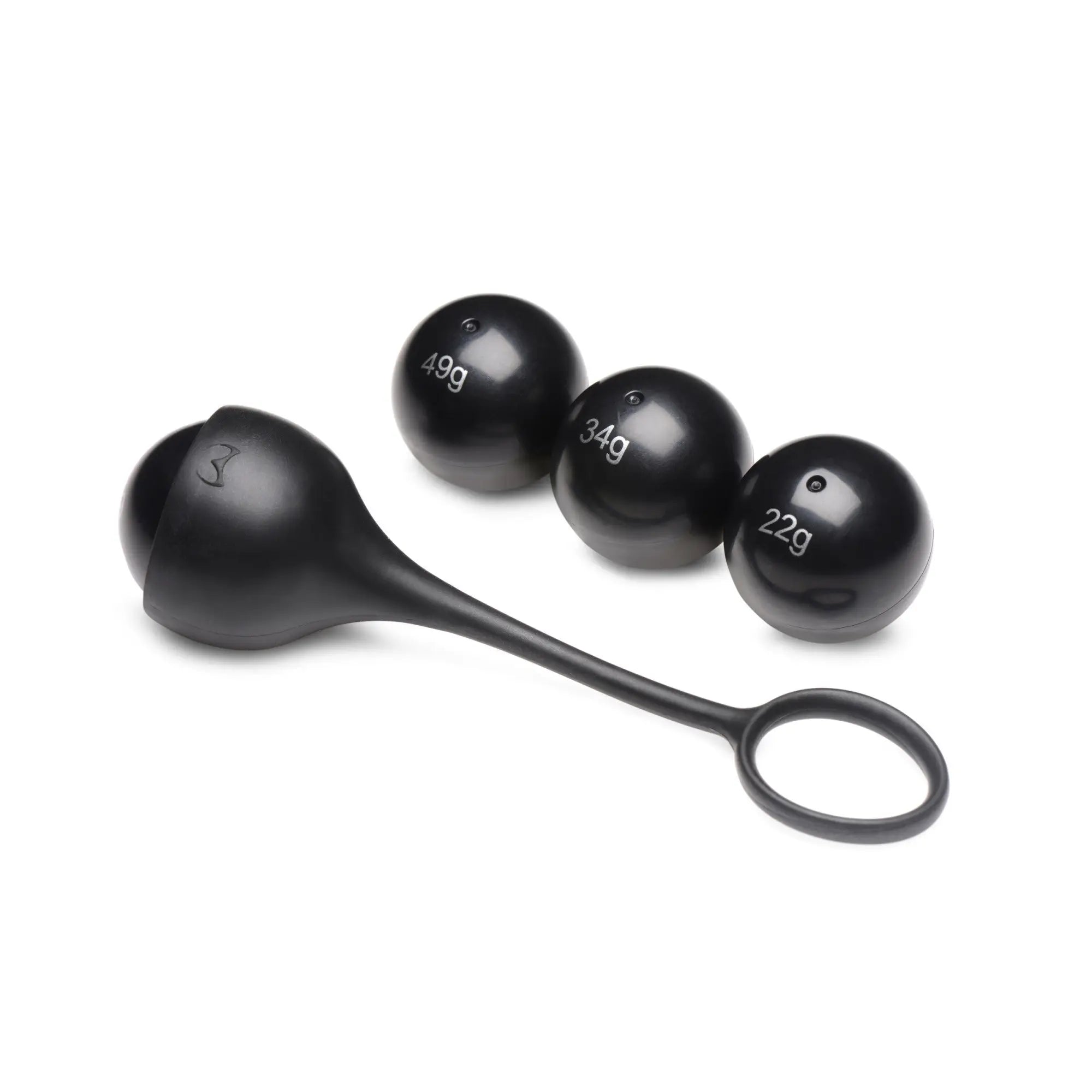 Master Series black silicone cock dangler with a ring and three interchangeable weight spheres labeled 22g, 34g, and 49g.