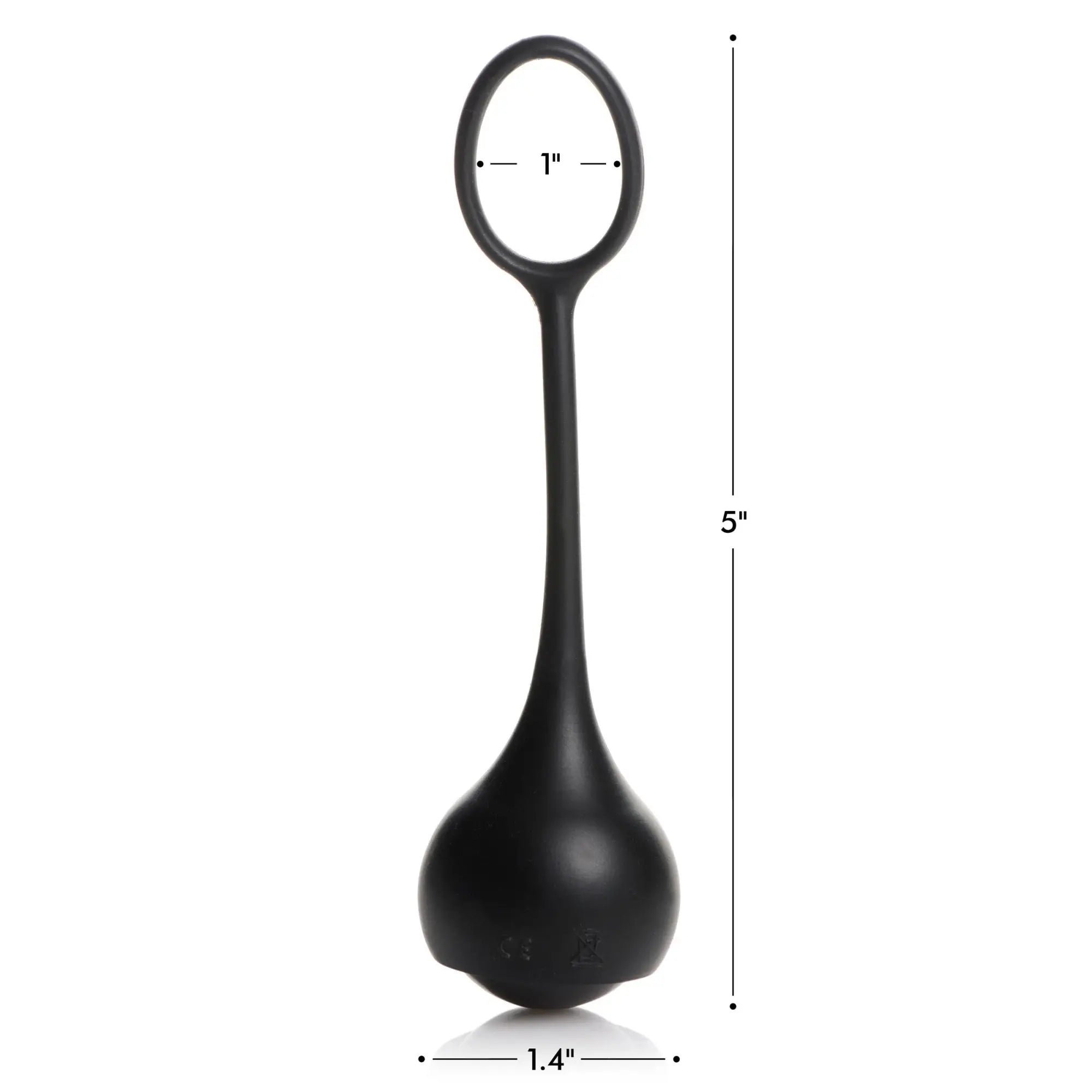 Black Master Series Cock Dangler silicone strap with a weighted bulb end, showing 1-inch ring and 5-inch total length.