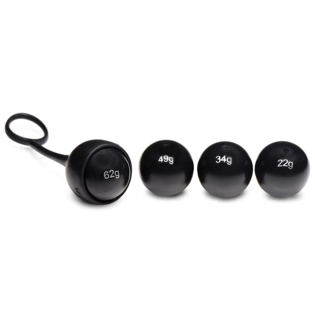 Master Series Cock Dangler: A black silicone strap with one attached ball and three additional weights labeled by grams.