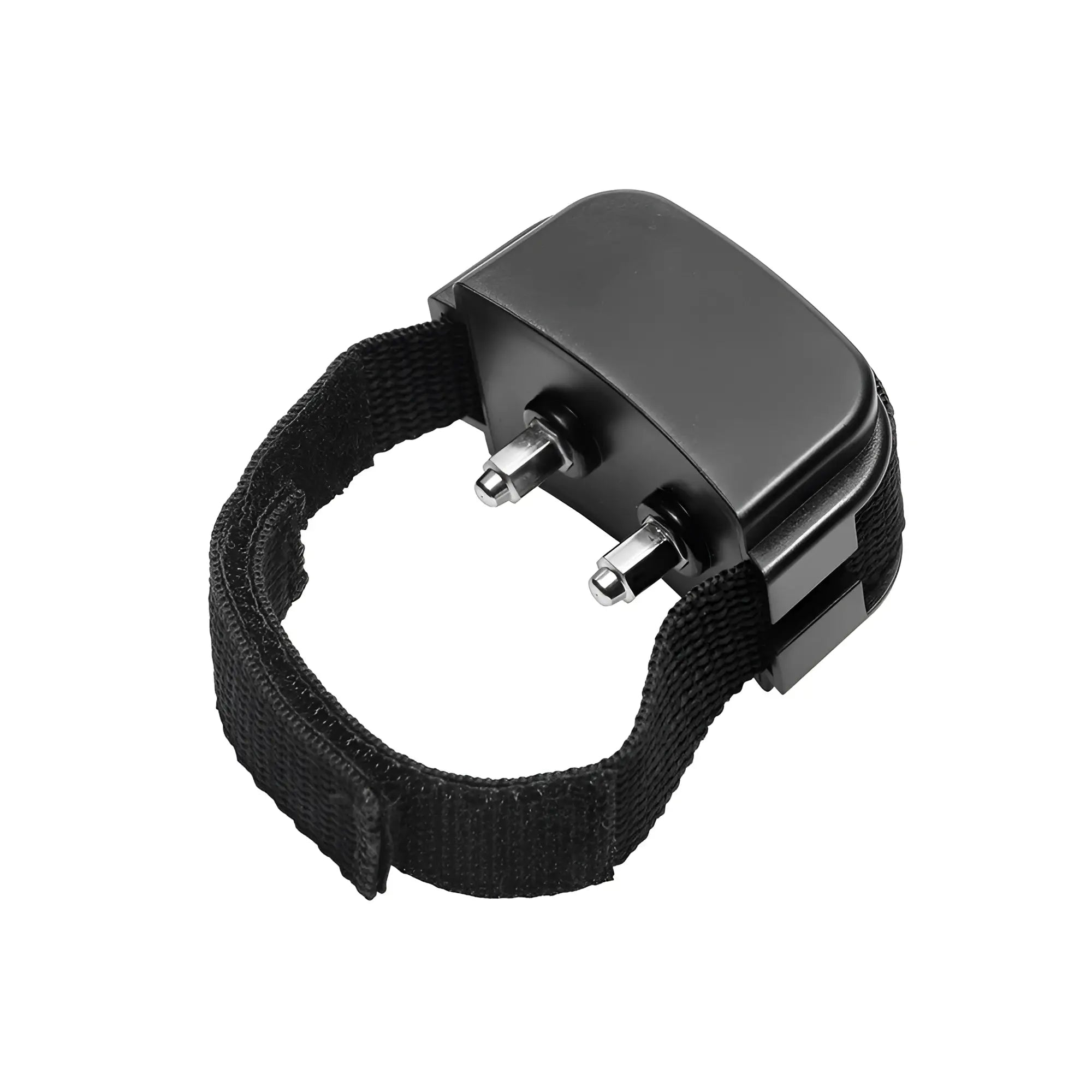 Master Series Cock Shock Remote CBT Cock Ring: a black adjustable fabric strap with two silver metal shock contacts.