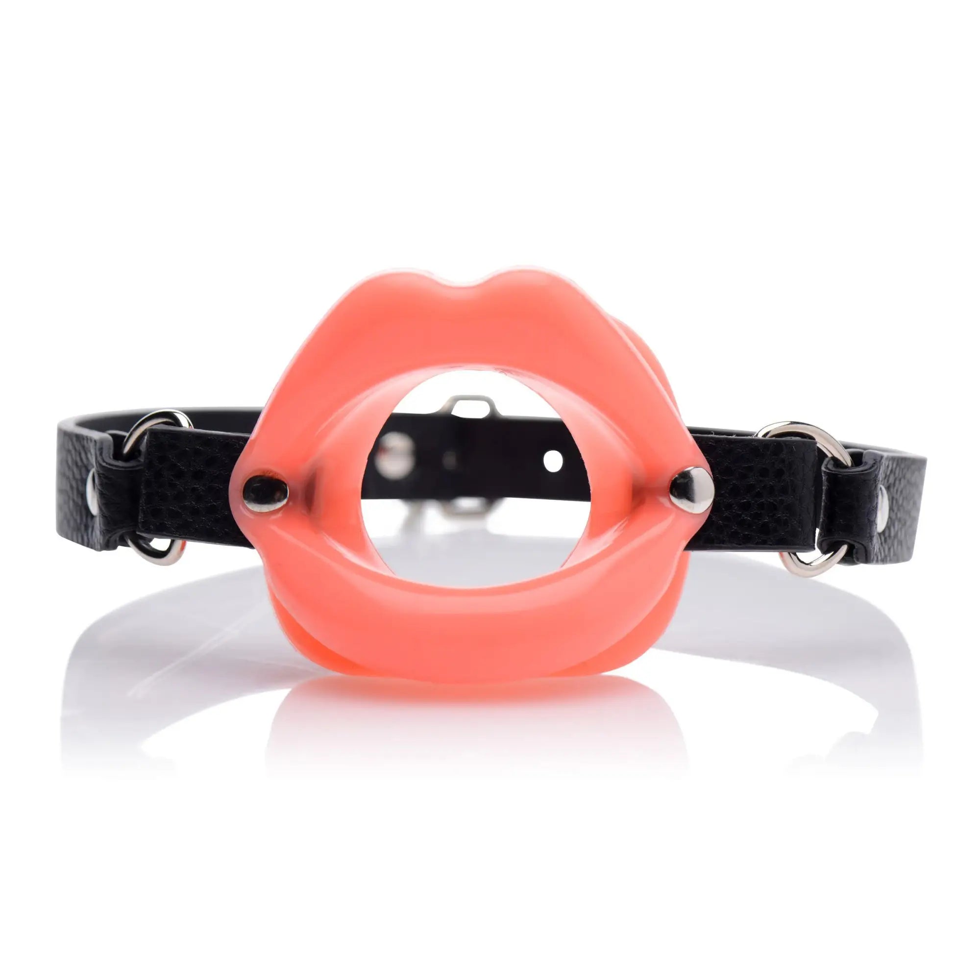 Master Series Cock Sucker mouth gag: a vibrant pink, lip-shaped silicone insert attached to a black leather buckled strap.