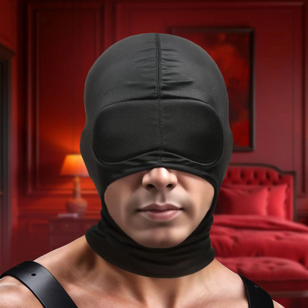 Master Series The Cocksucker Hood: a black, fitted fabric hood with an integrated, opaque eye-covering blindfold.