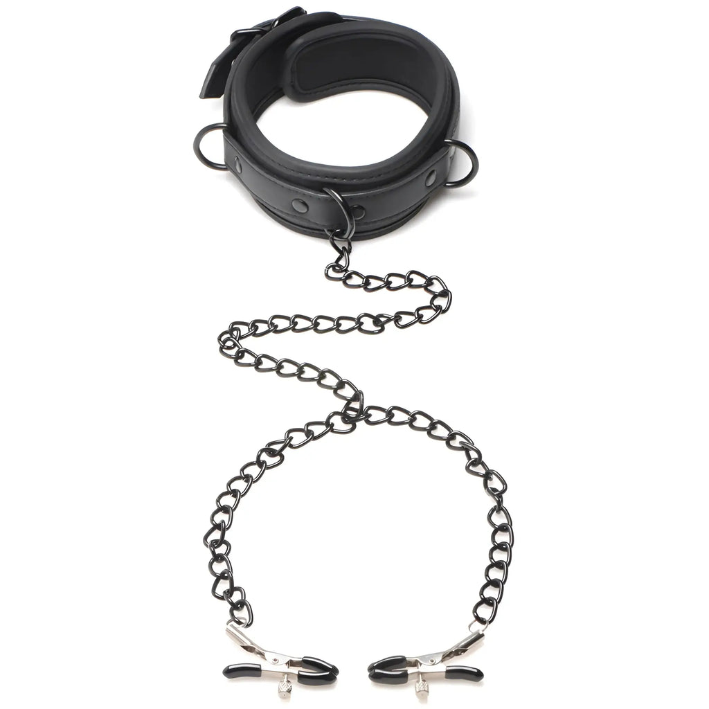 Master Series Temptress black leather-look collar with a chain lead connecting two rubber-tipped nipple clamps.