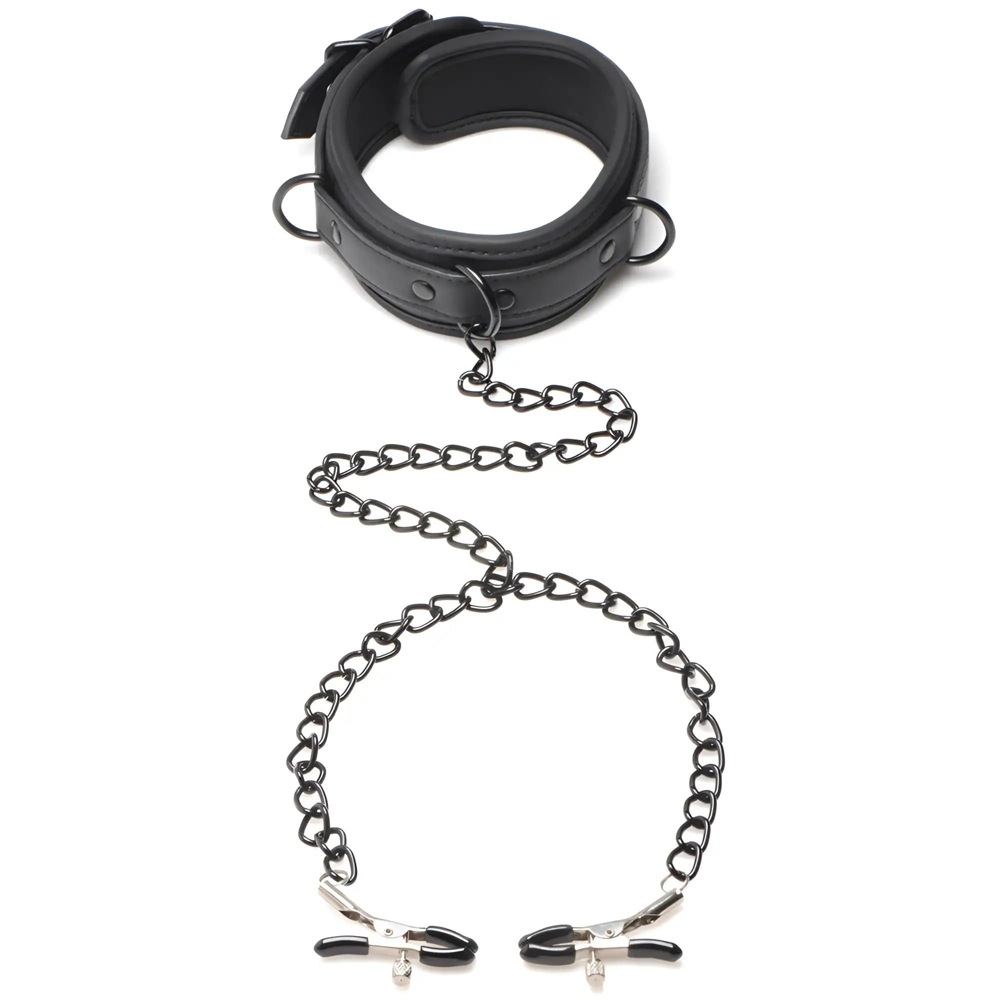 Master Series Temptress black leather-look collar with a chain lead connecting two rubber-tipped nipple clamps.