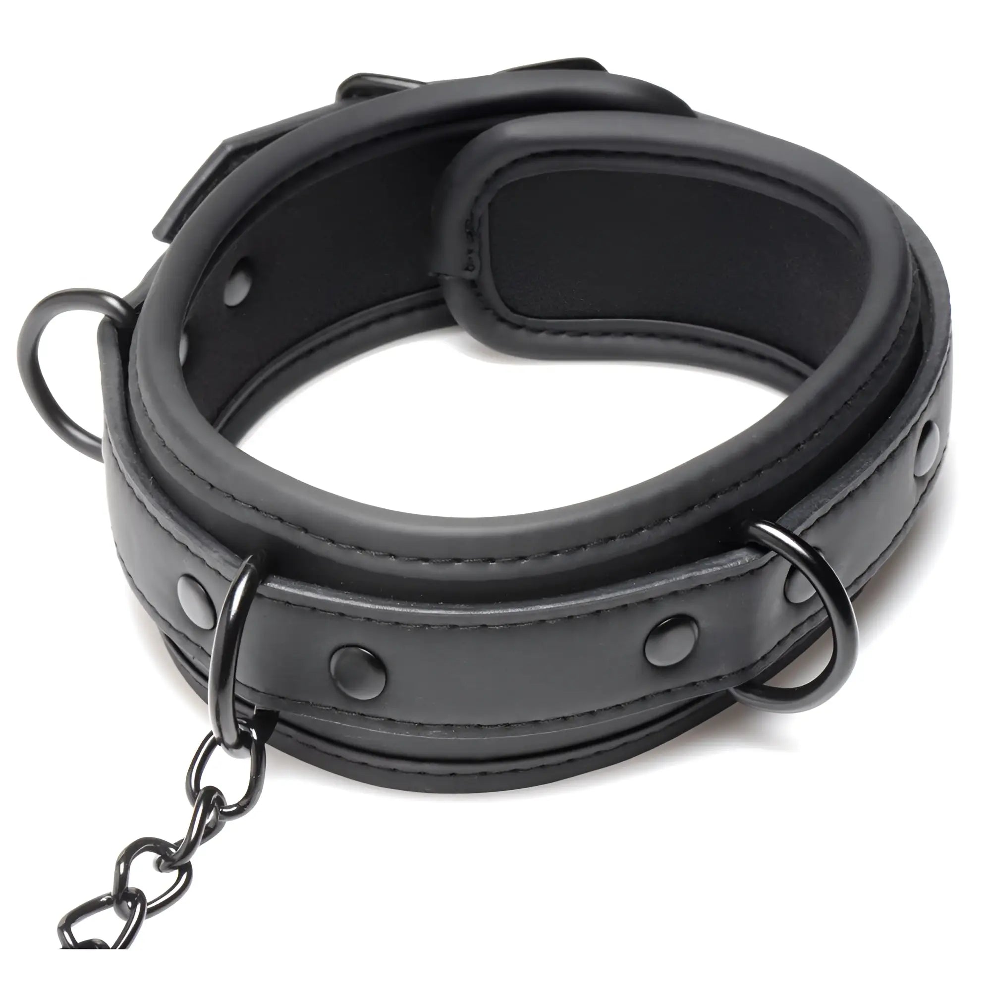 Master Series black faux leather collared Temptress collar with connected chains and rings, isolated on a white background.