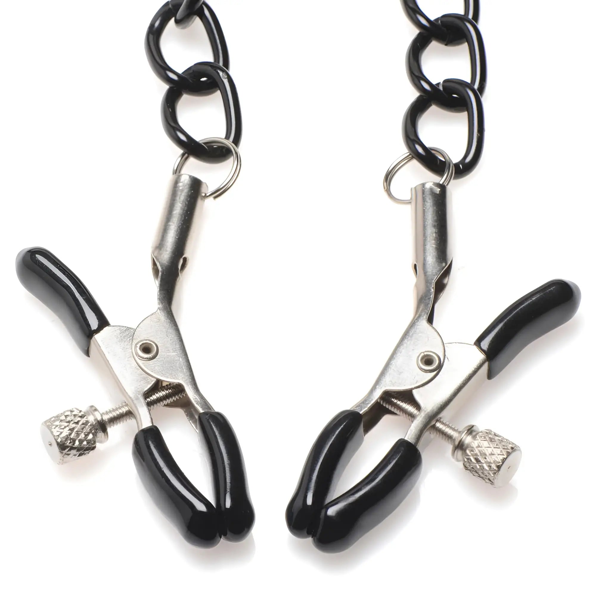 Master Series Temptress Nipple Clamps with black rubber-coated tips and adjustable silver screws on black chains.