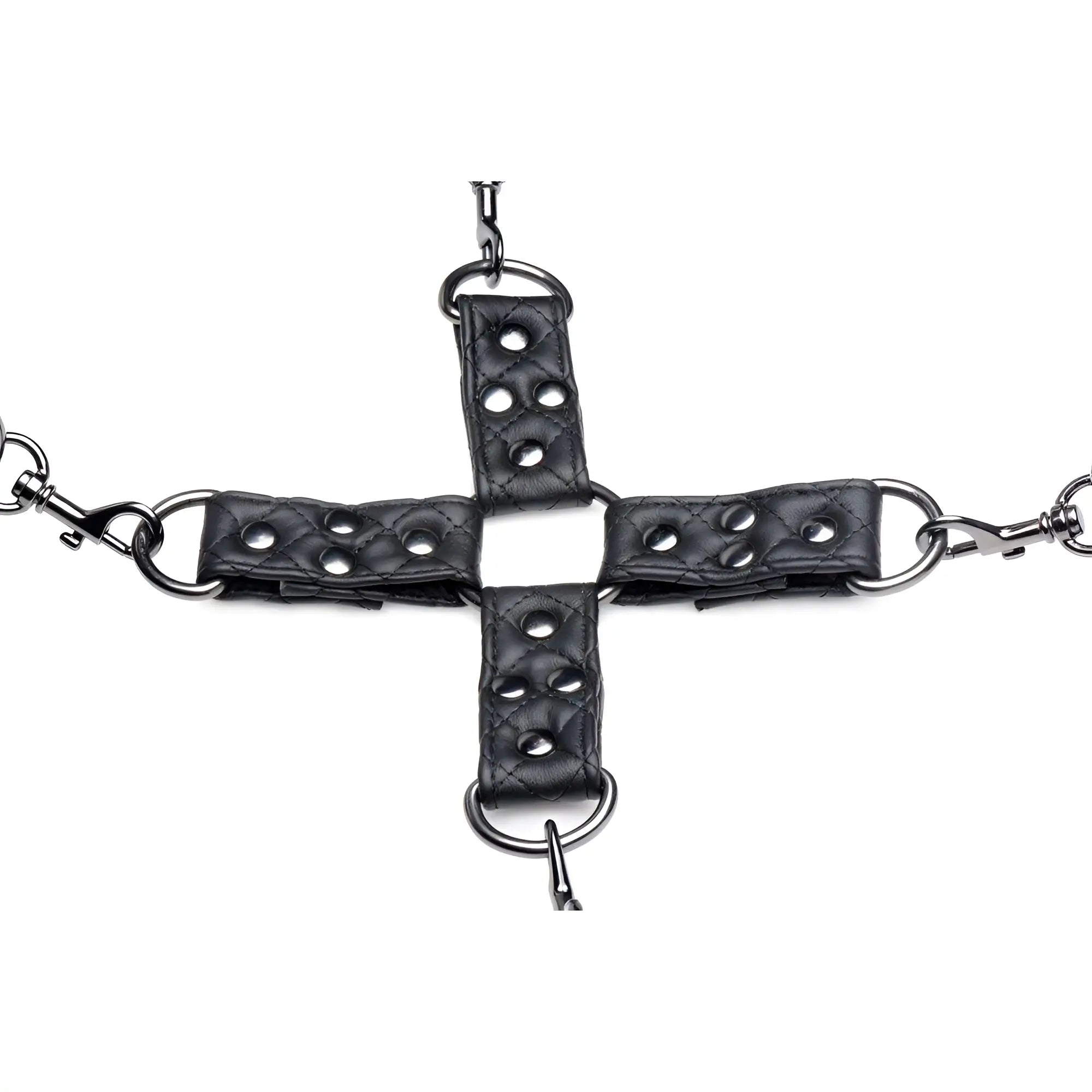 Master Series Concede restraint set: four black quilted leather straps connected by silver hardware in a cross shape.